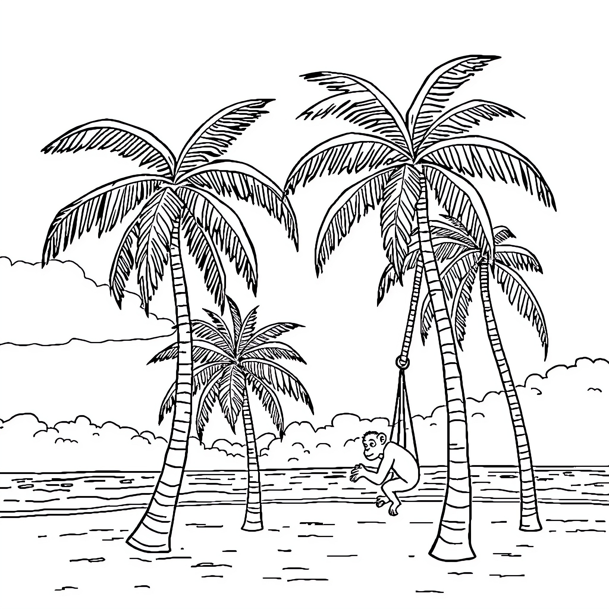 Palm Tree Scenery with Beachside Silhouette Coloring Page (free black-and-white line drawing printable PDF for all, from beginners to advanced learners, including children, teens, adults, and seniors)