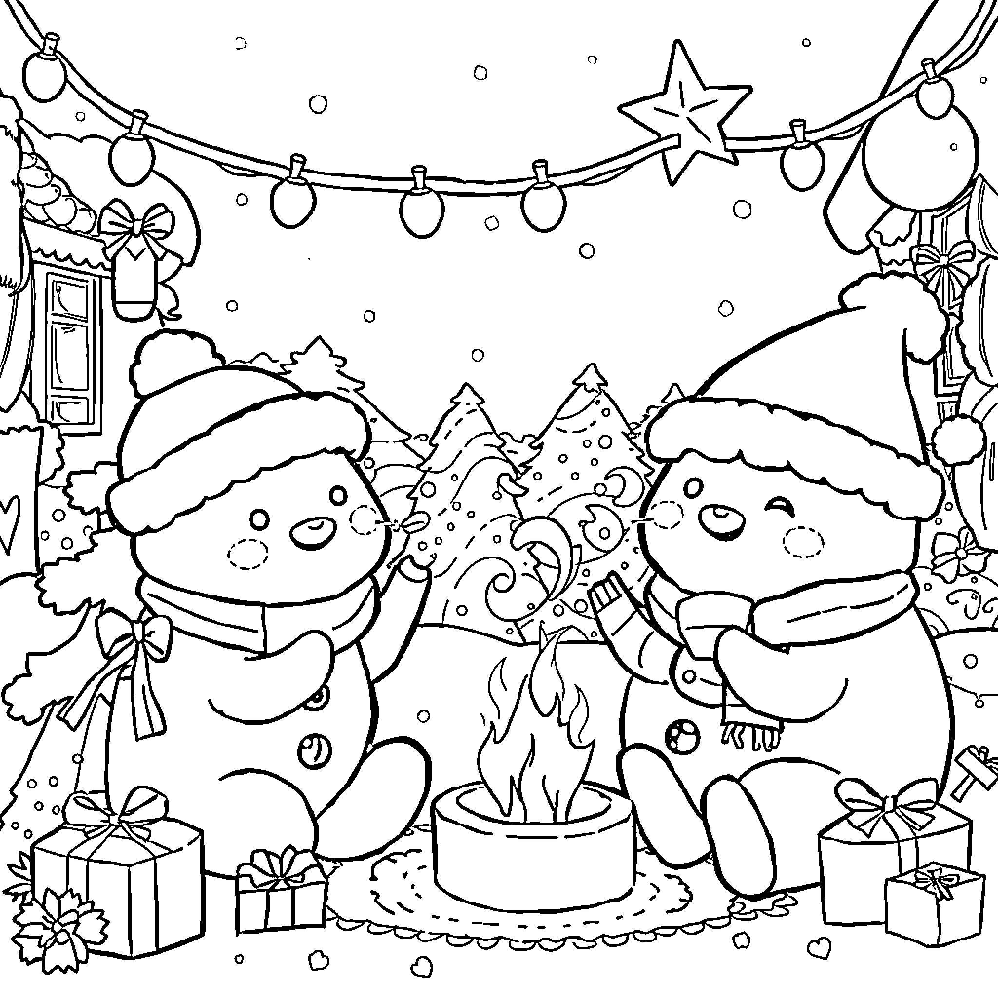 Labubu enjoying holiday cheer with friends Coloring Page (free black-and-white line drawing printable PDF for all, from beginners to advanced learners, including children, teens, adults, and seniors)