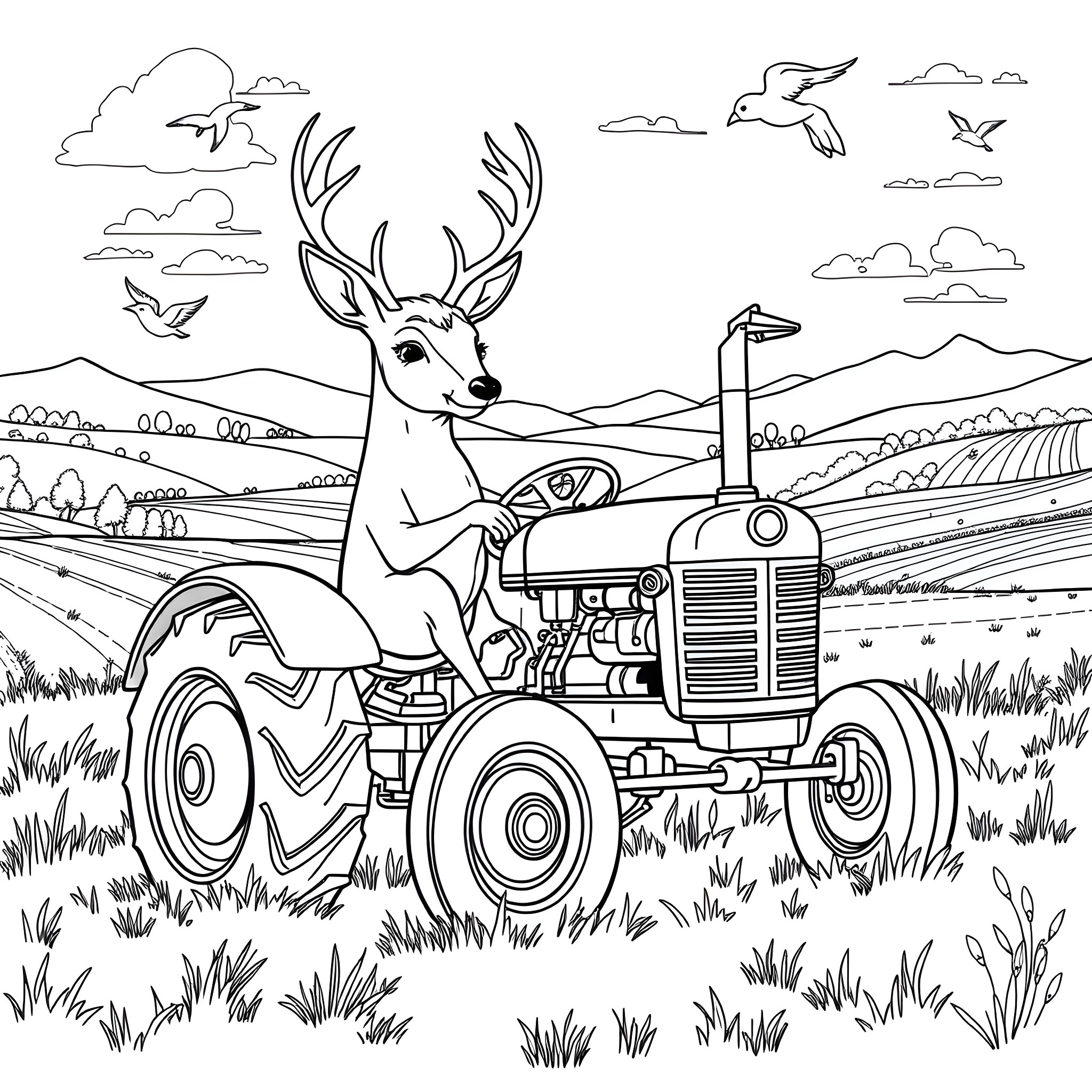 Deer driving a tractor through the countryside Coloring Page (free black-and-white line drawing printable PDF for all, from beginners to advanced learners, including children, teens, adults, and seniors)