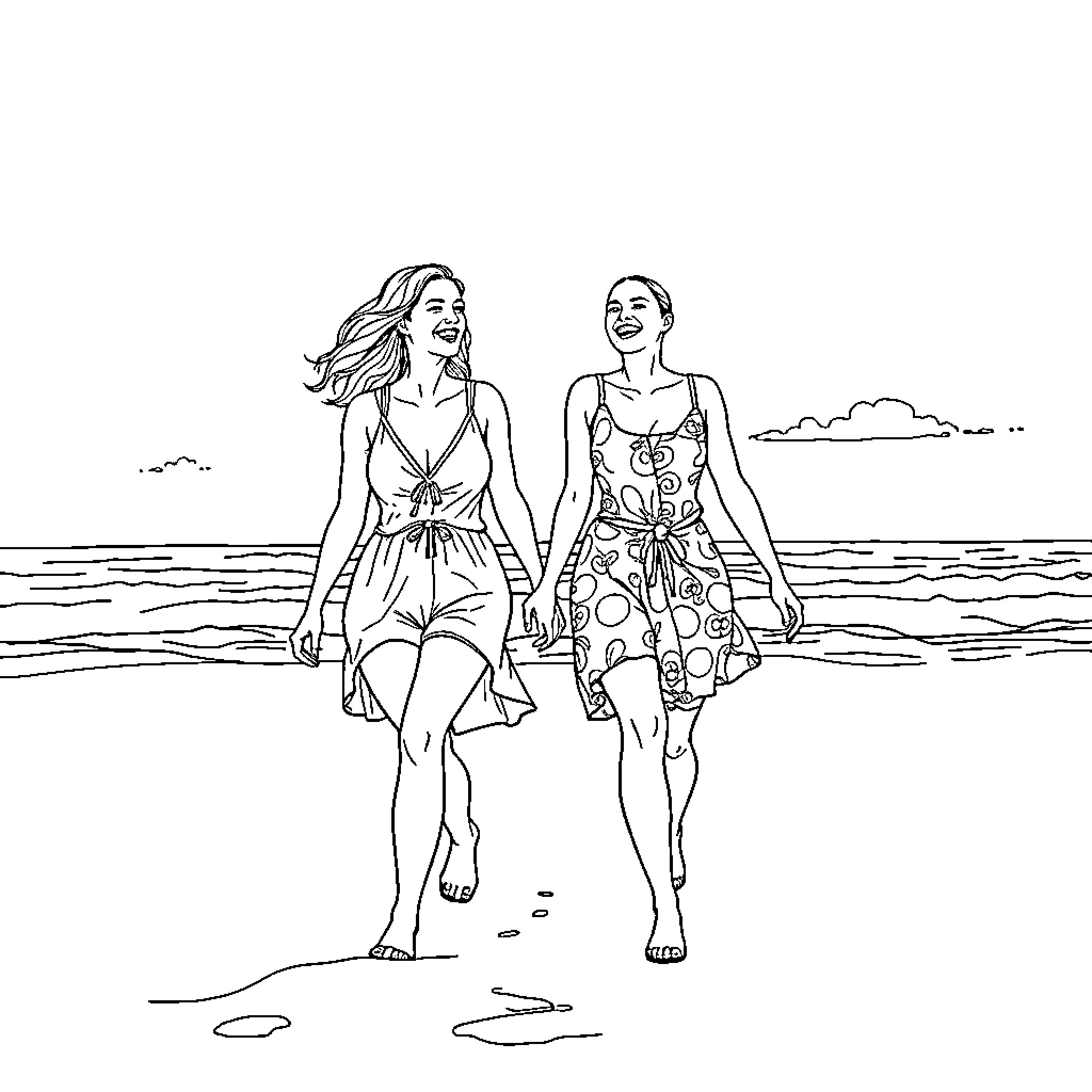 Women walking together on the beach Coloring Page (free black-and-white line drawing printable PDF for all, from beginners to advanced learners, including children, teens, adults, and seniors)