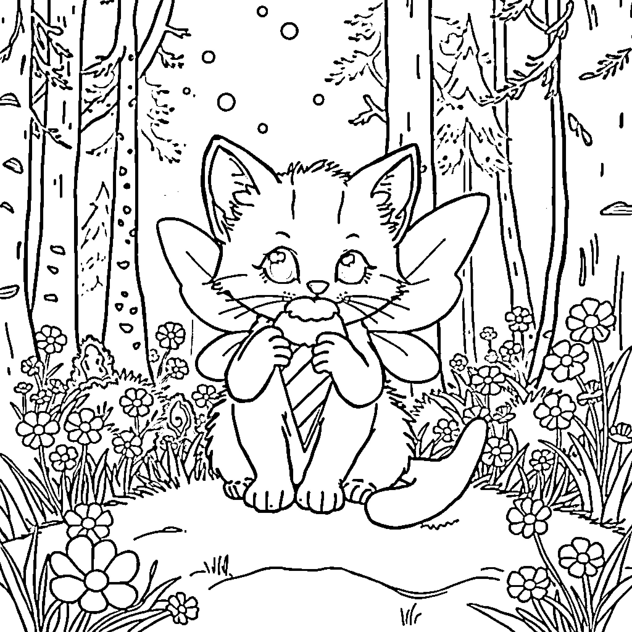 Cat in Magical Forest Coloring Page (free black-and-white line drawing printable PDF for all, from beginners to advanced learners, including children, teens, adults, and seniors)