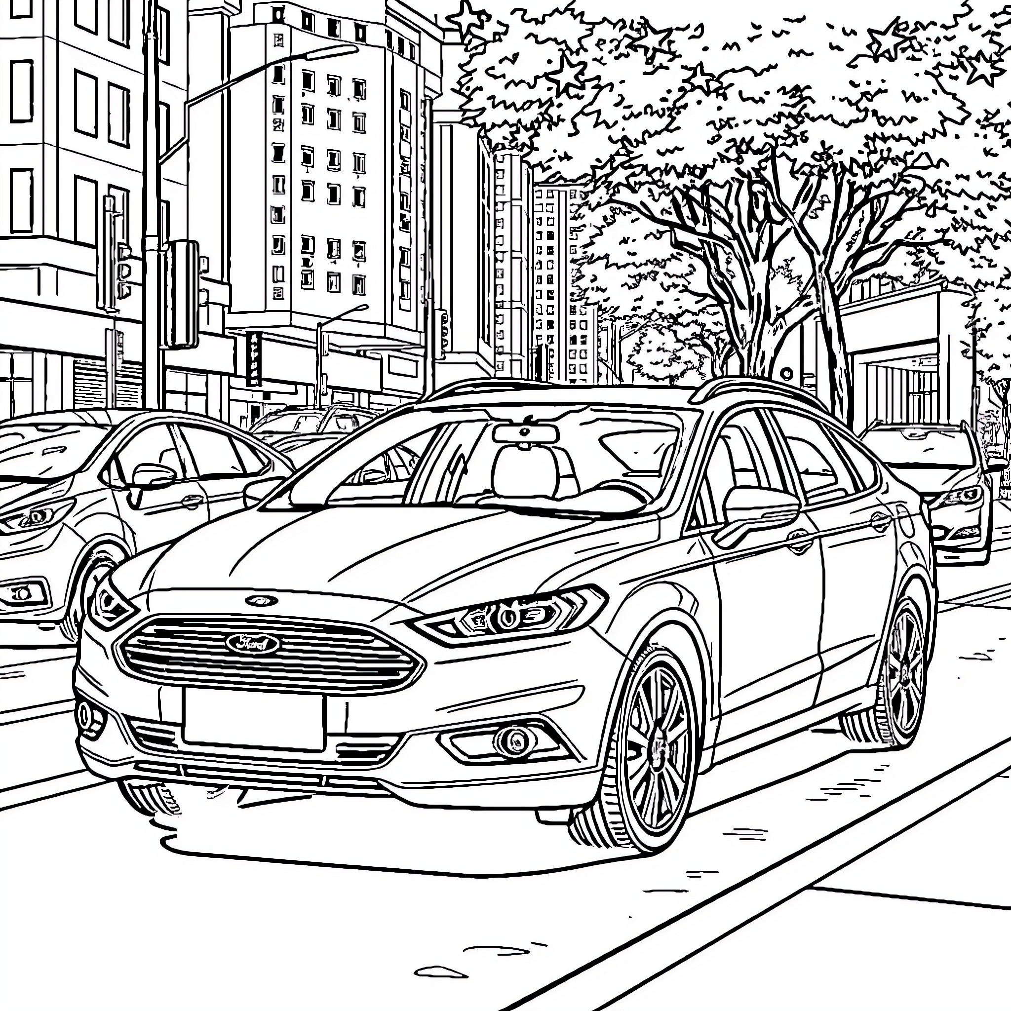 Ford cars in a busy urban street scene Coloring Page (free black-and-white line drawing printable PDF for all, from beginners to advanced learners, including children, teens, adults, and seniors)