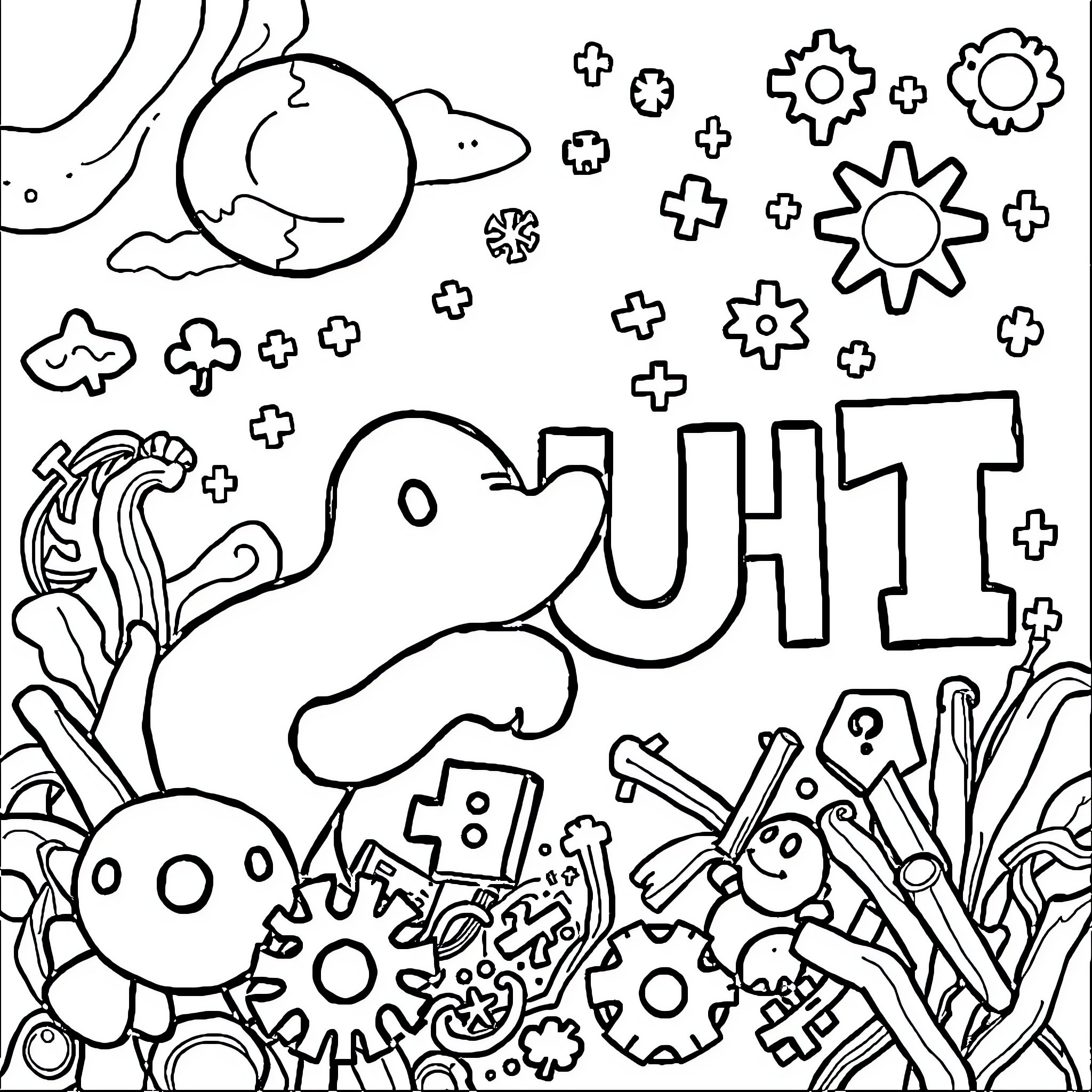 Math Doodles and Playful Shapes Coloring Page (free black-and-white line drawing printable PDF for all, from beginners to advanced learners, including children, teens, adults, and seniors)