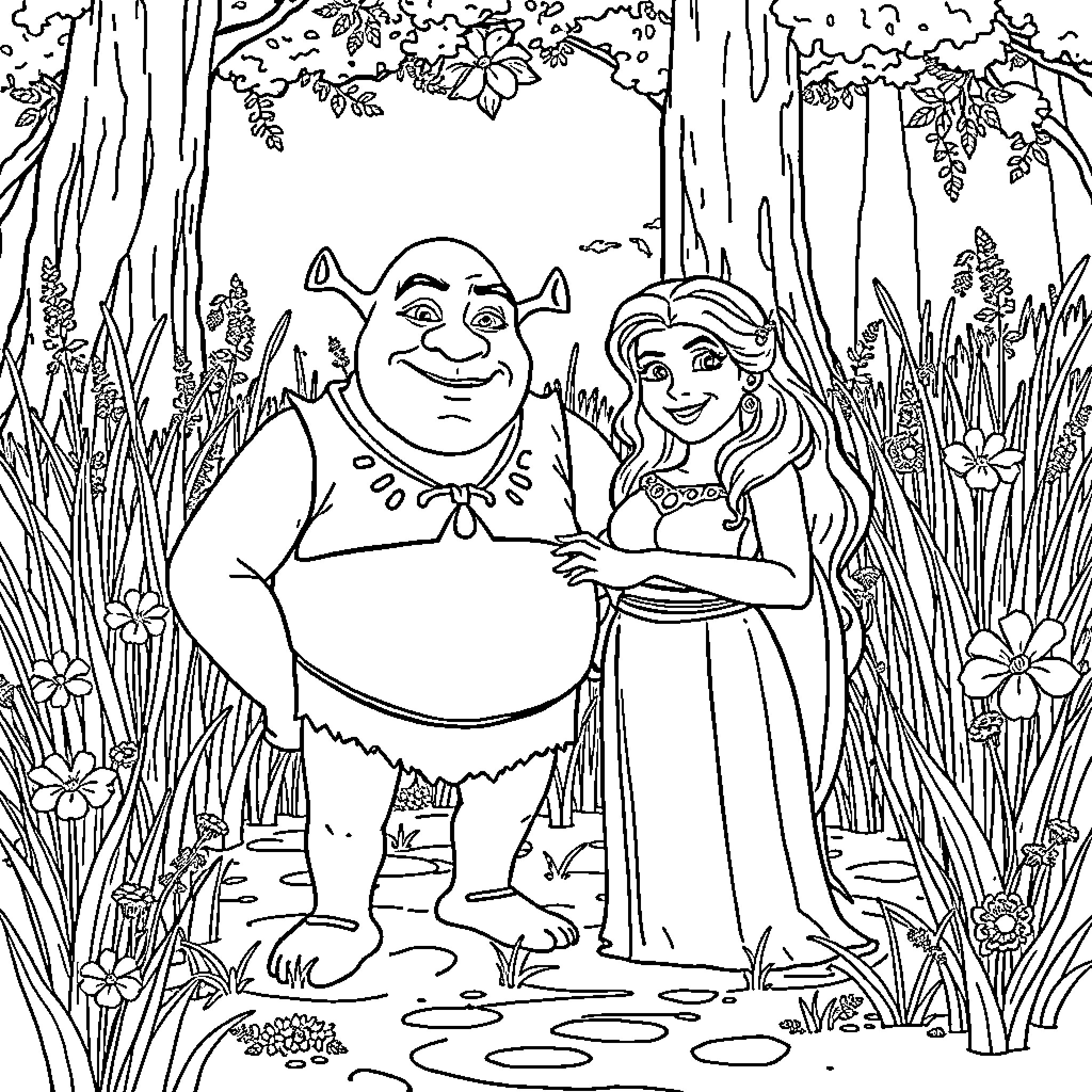 Shrek and Fiona in the Enchanted Forest Coloring Page (free black-and-white line drawing printable PDF for all, from beginners to advanced learners, including children, teens, adults, and seniors)