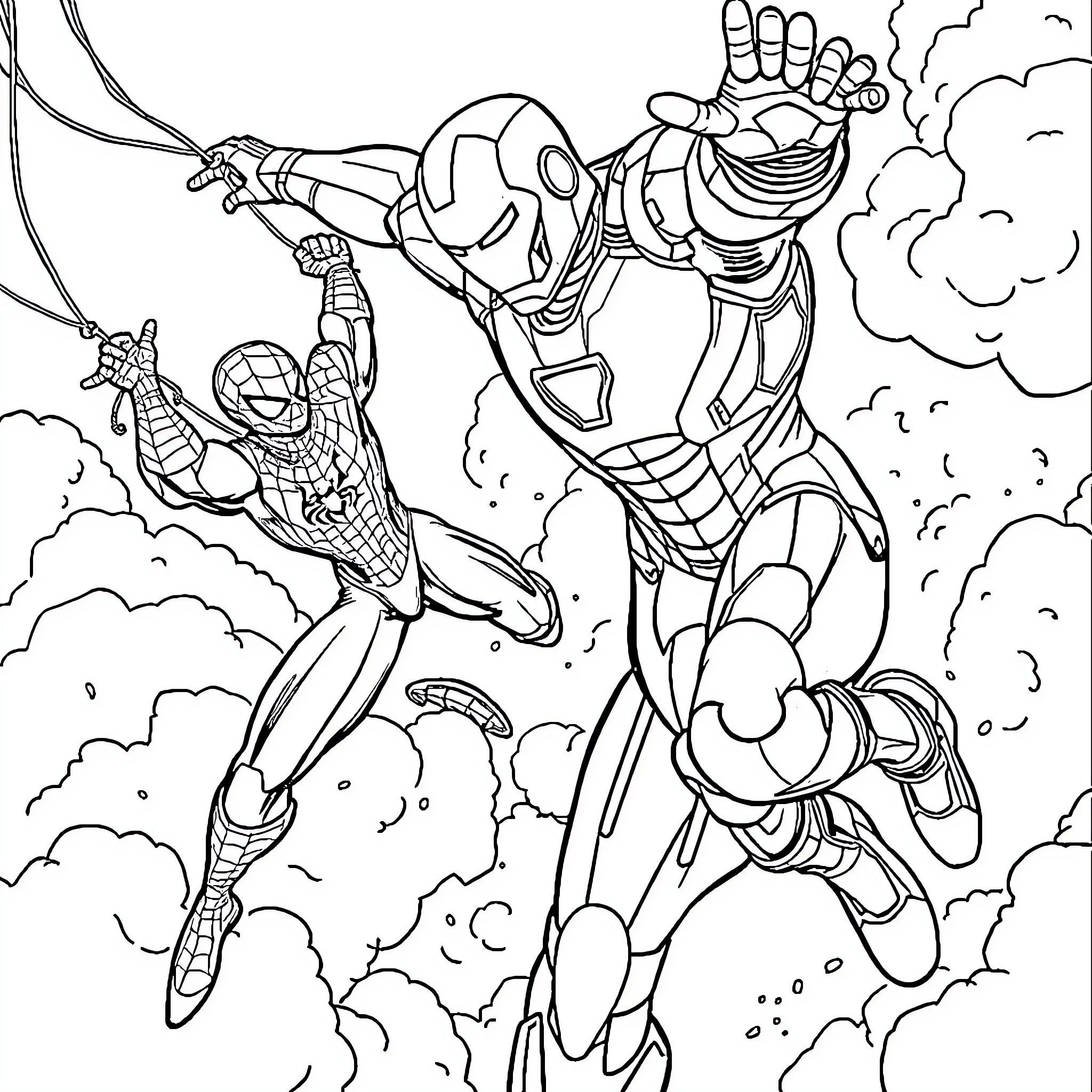 Ironman and Spiderman battling in the clouds Coloring Page (free black-and-white line drawing printable PDF for all, from beginners to advanced learners, including children, teens, adults, and seniors)