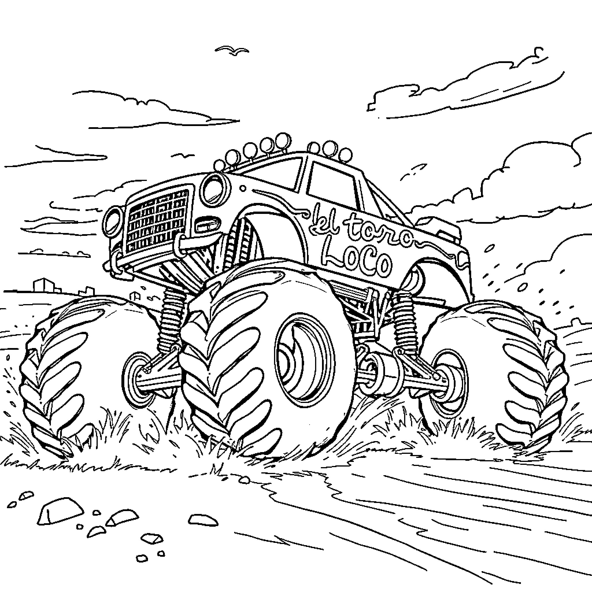 Monster Truck Crushing Through the Rugged Terrain Coloring Page (free black-and-white line drawing printable PDF for all, from beginners to advanced learners, including children, teens, adults, and seniors)