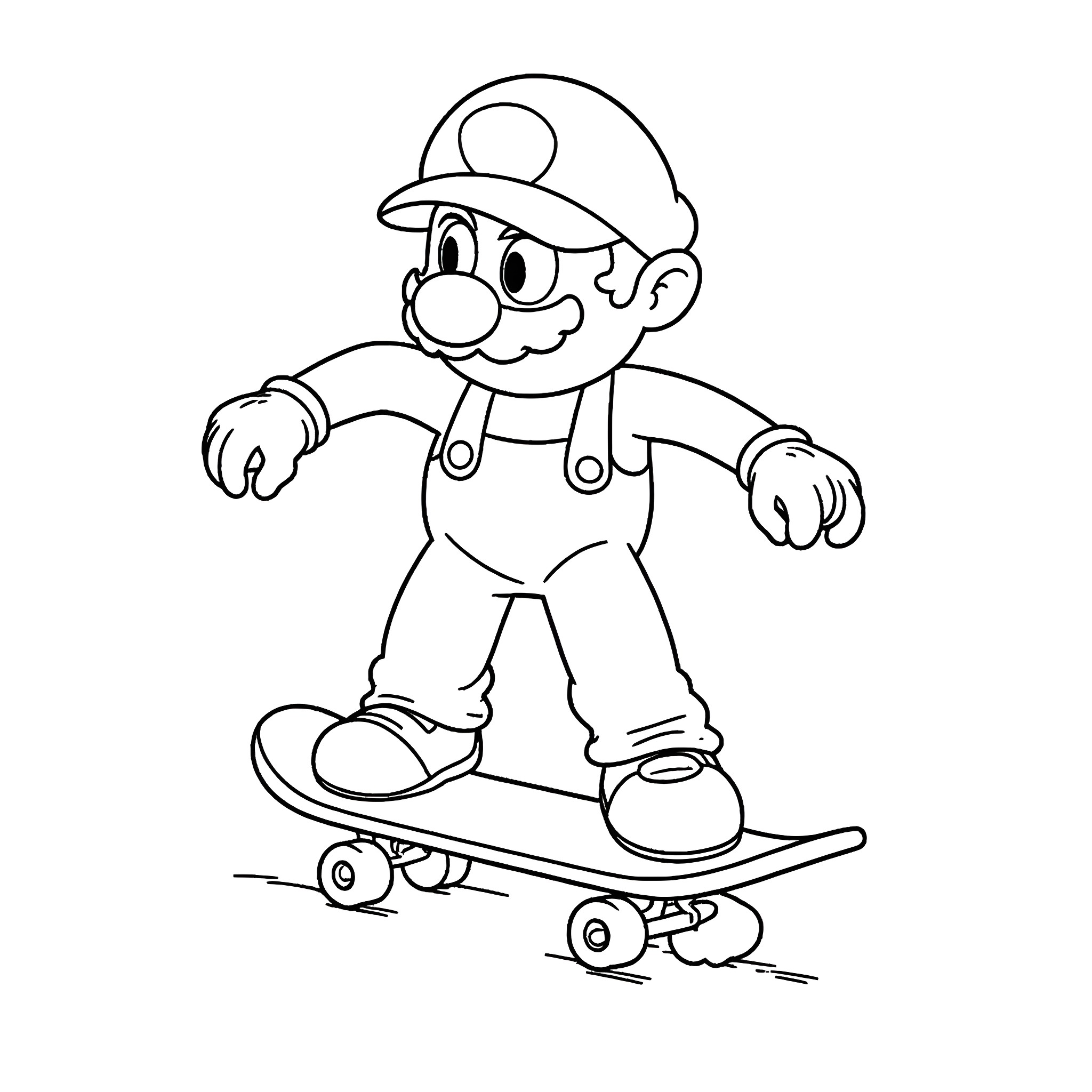Mario skateboarding happily Coloring Page (free black-and-white line drawing printable PDF for all, from beginners to advanced learners, including children, teens, adults, and seniors)