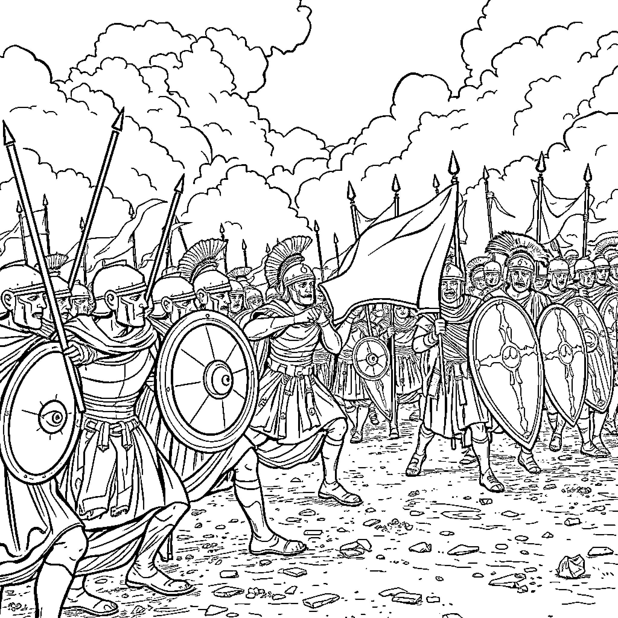 Army of Soldiers Marching in Formation Coloring Page (free black-and-white line drawing printable PDF for all, from beginners to advanced learners, including children, teens, adults, and seniors)