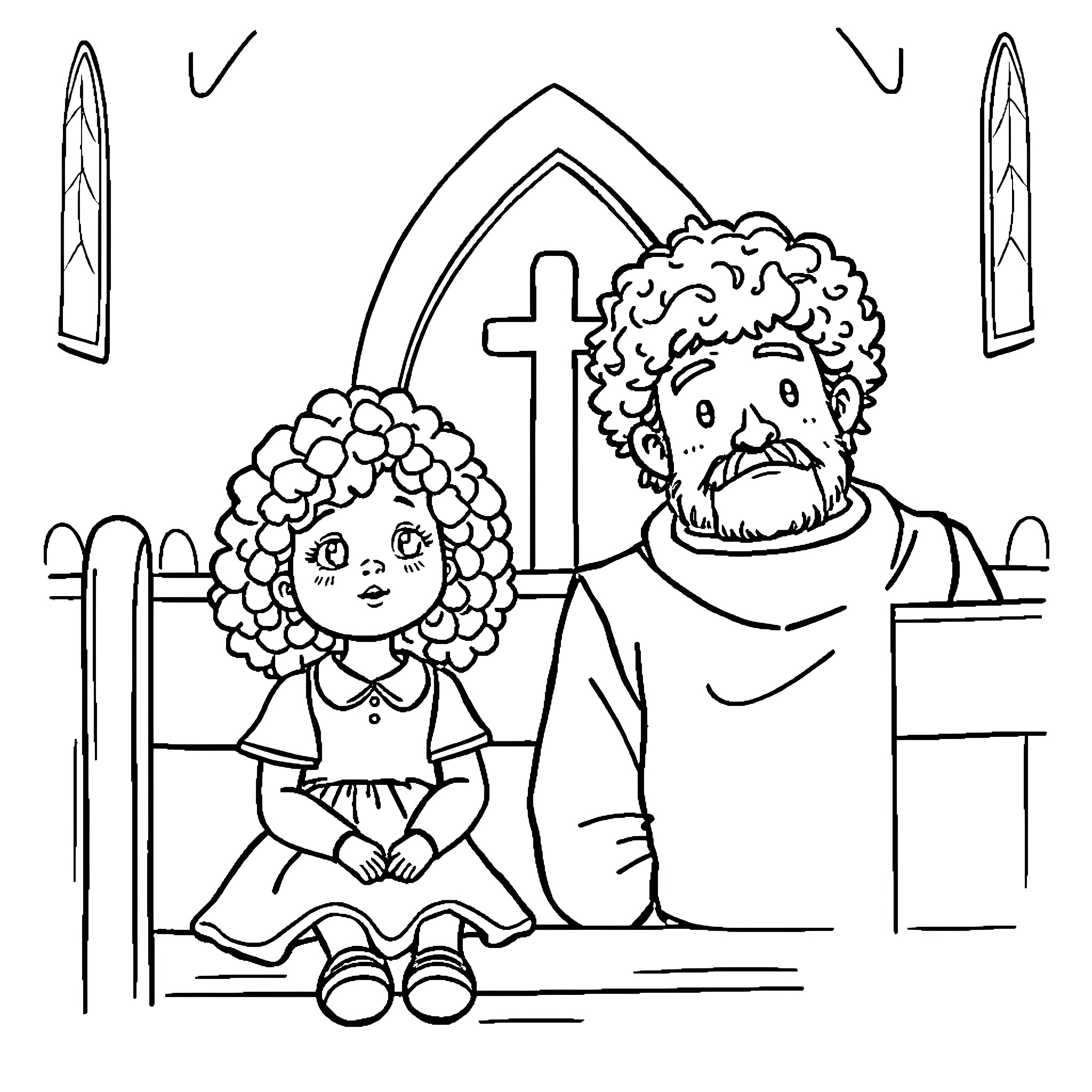 Girl and man in church Coloring Page (free black-and-white line drawing printable PDF for all, from beginners to advanced learners, including children, teens, adults, and seniors)