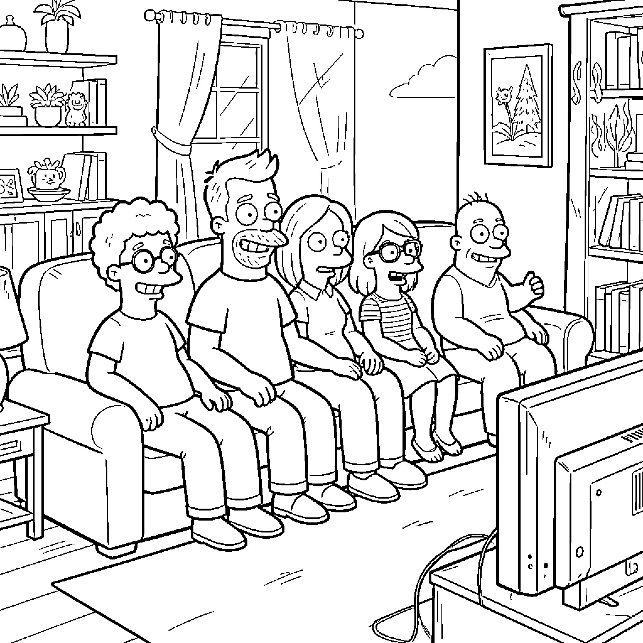 The Simpsons characters watching television together on a couch Coloring Page (free black-and-white line drawing printable PDF for all, from beginners to advanced learners, including children, teens, adults, and seniors)