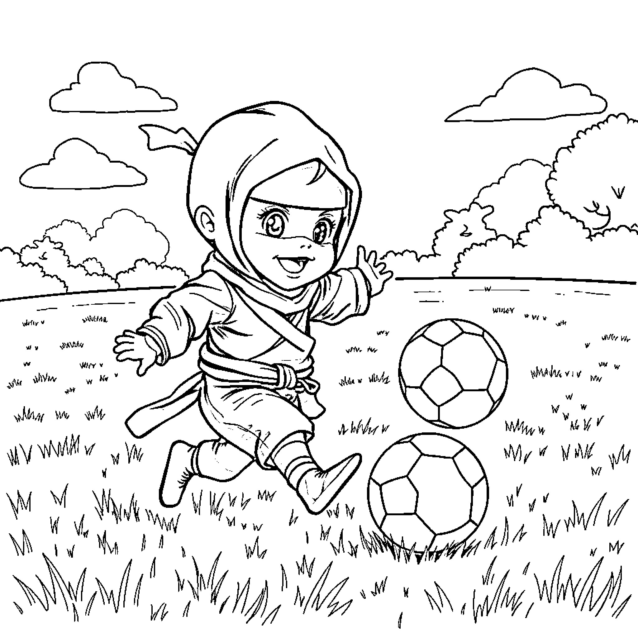 Baby Ninja playing with soccer balls in the park Coloring Page (free black-and-white line drawing printable PDF for all, from beginners to advanced learners, including children, teens, adults, and seniors)