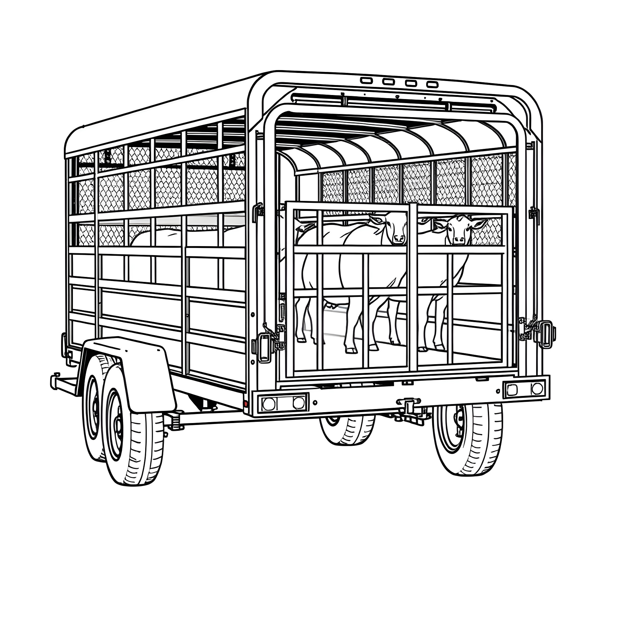Livestock Trailer with Caged Animals Coloring Page (free black-and-white line drawing printable PDF for all, from beginners to advanced learners, including children, teens, adults, and seniors)
