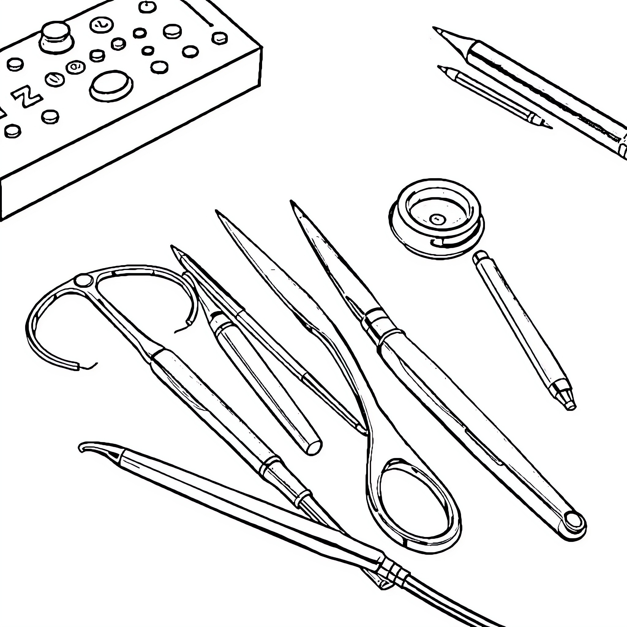 Doctor Tool Collection of Medical Instruments Coloring Page (free black-and-white line drawing printable PDF for all, from beginners to advanced learners, including children, teens, adults, and seniors)