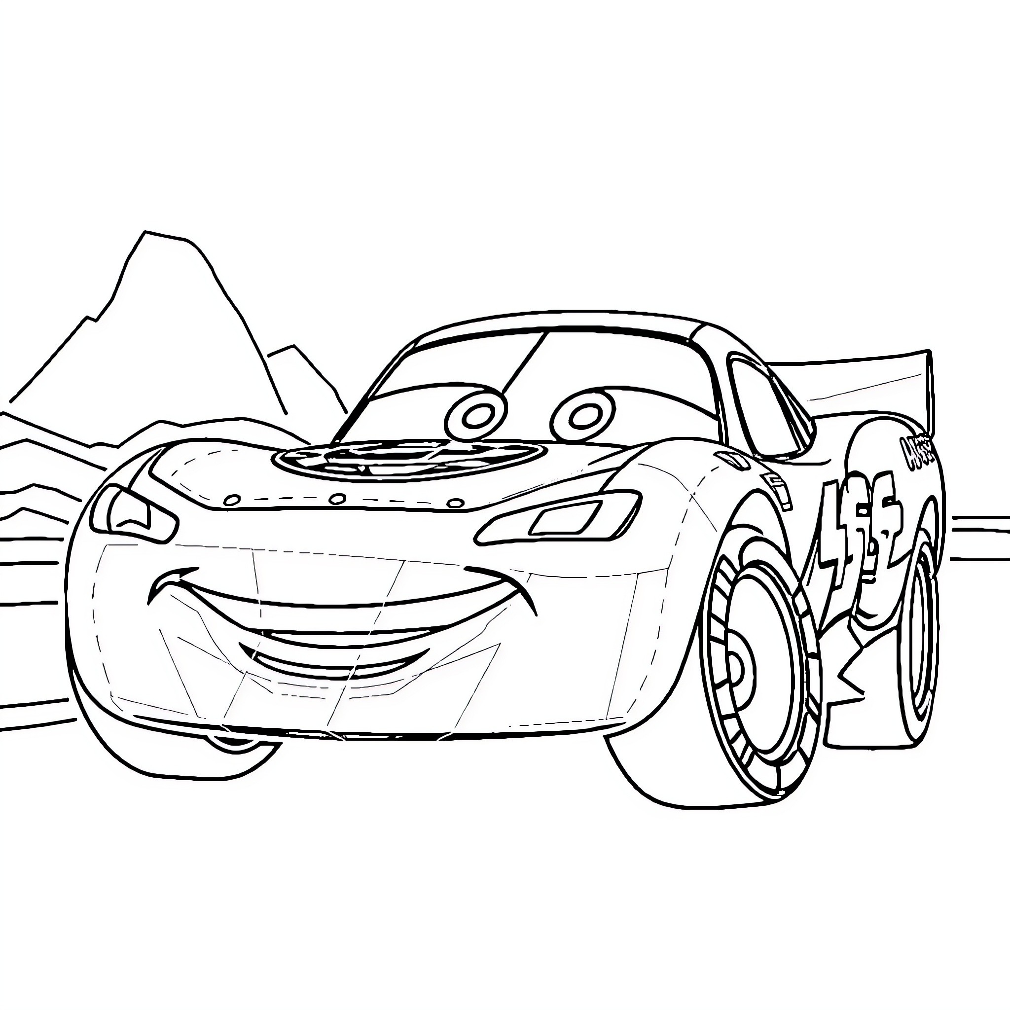 Lightning McQueen racing against the background Coloring Page (free black-and-white line drawing printable PDF for all, from beginners to advanced learners, including children, teens, adults, and seniors)