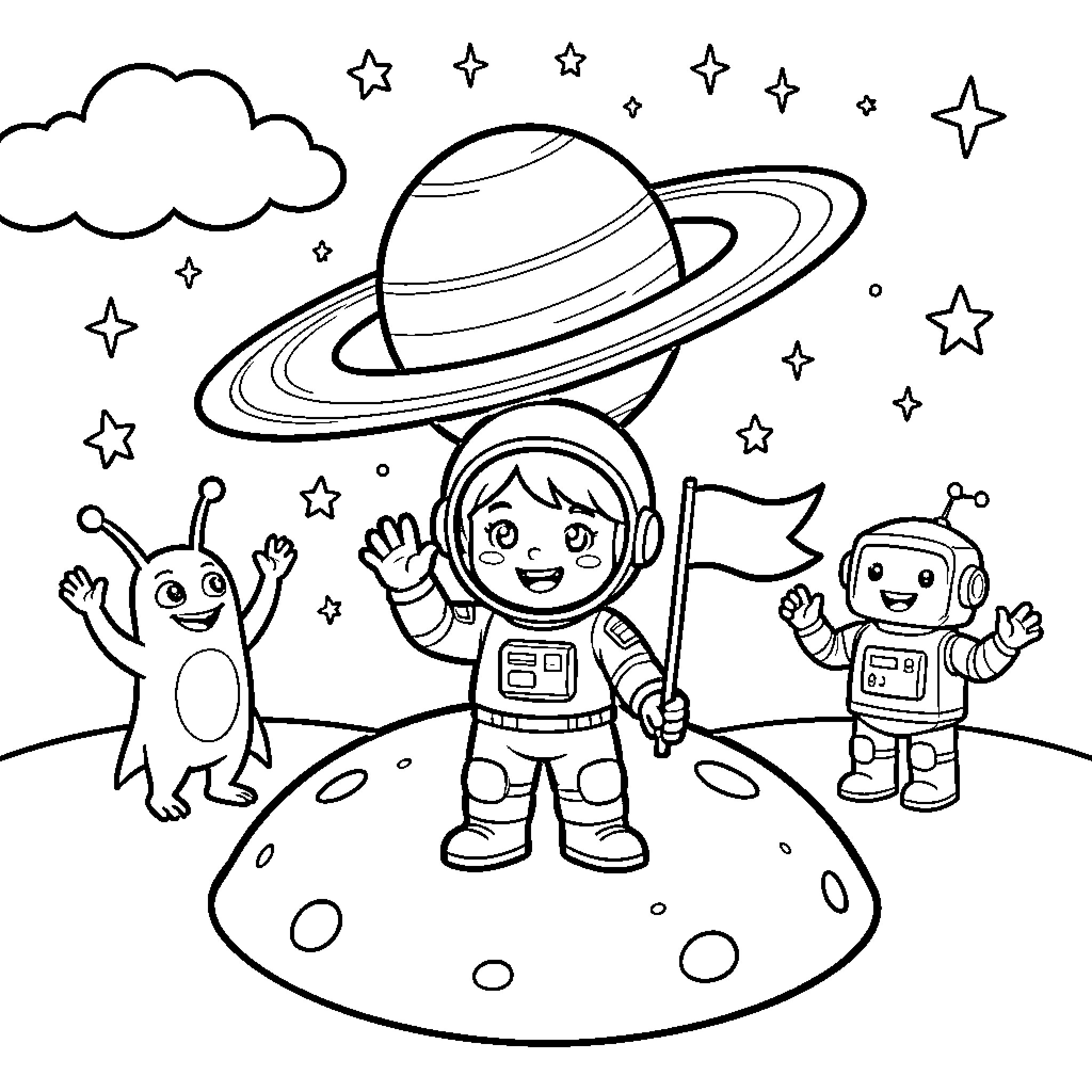 Astronaut waving happily with alien and robot friends Coloring Page (free black-and-white line drawing printable PDF for all, from beginners to advanced learners, including children, teens, adults, and seniors)