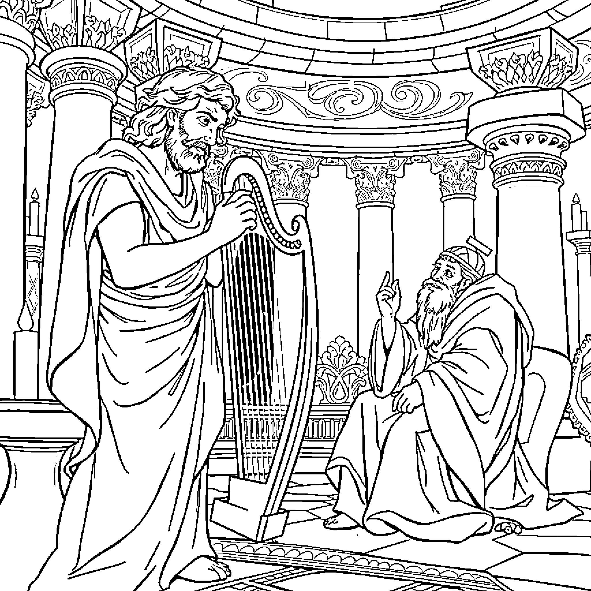 David Playing the Harp for the King Coloring Page (free black-and-white line drawing printable PDF for all, from beginners to advanced learners, including children, teens, adults, and seniors)