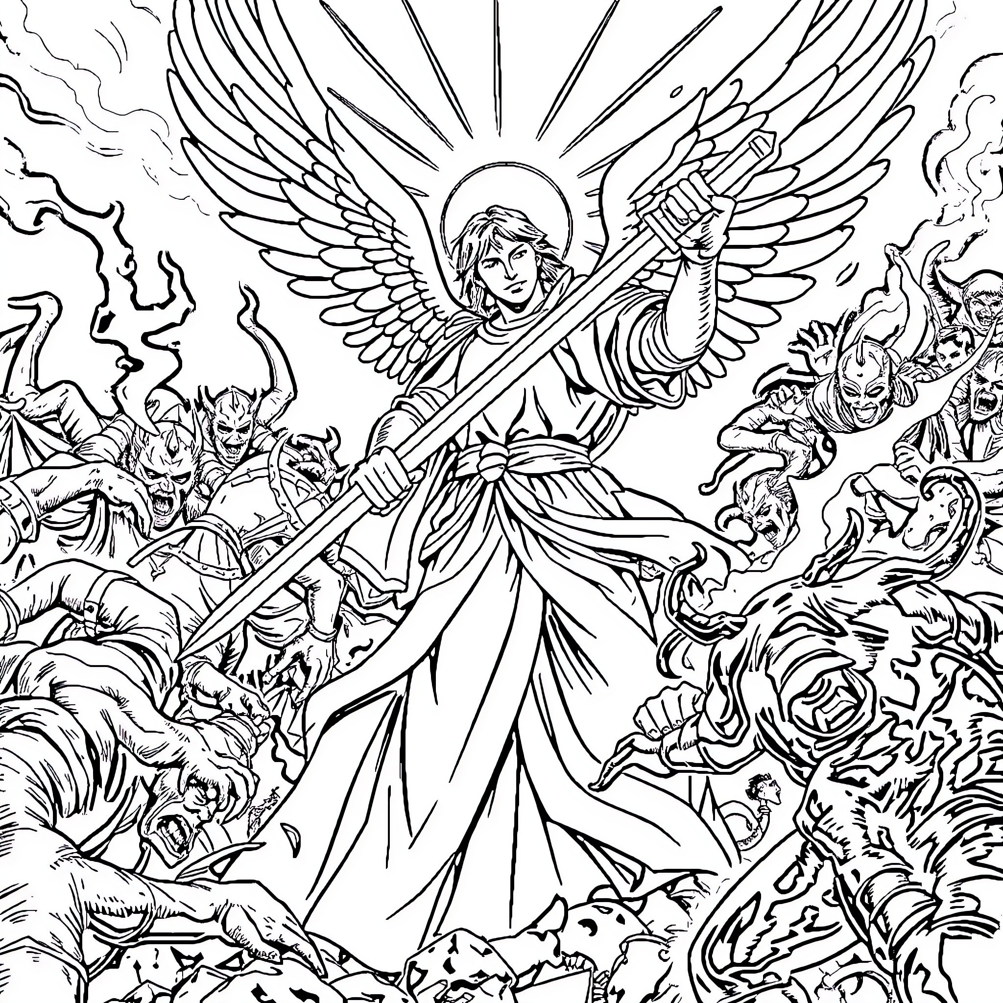 Saint Michael Battling Evil Forces Coloring Page (free black-and-white line drawing printable PDF for all, from beginners to advanced learners, including children, teens, adults, and seniors)