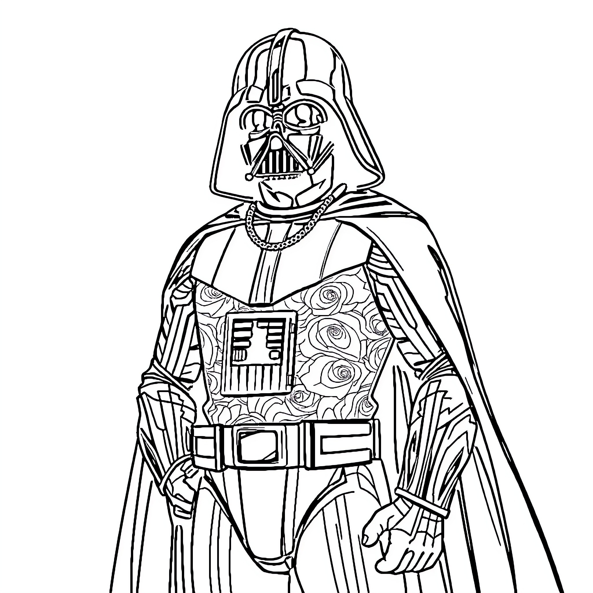 Darth Vader in Iconic Sci-Fi Attire Coloring Page (free black-and-white line drawing printable PDF for all, from beginners to advanced learners, including children, teens, adults, and seniors)