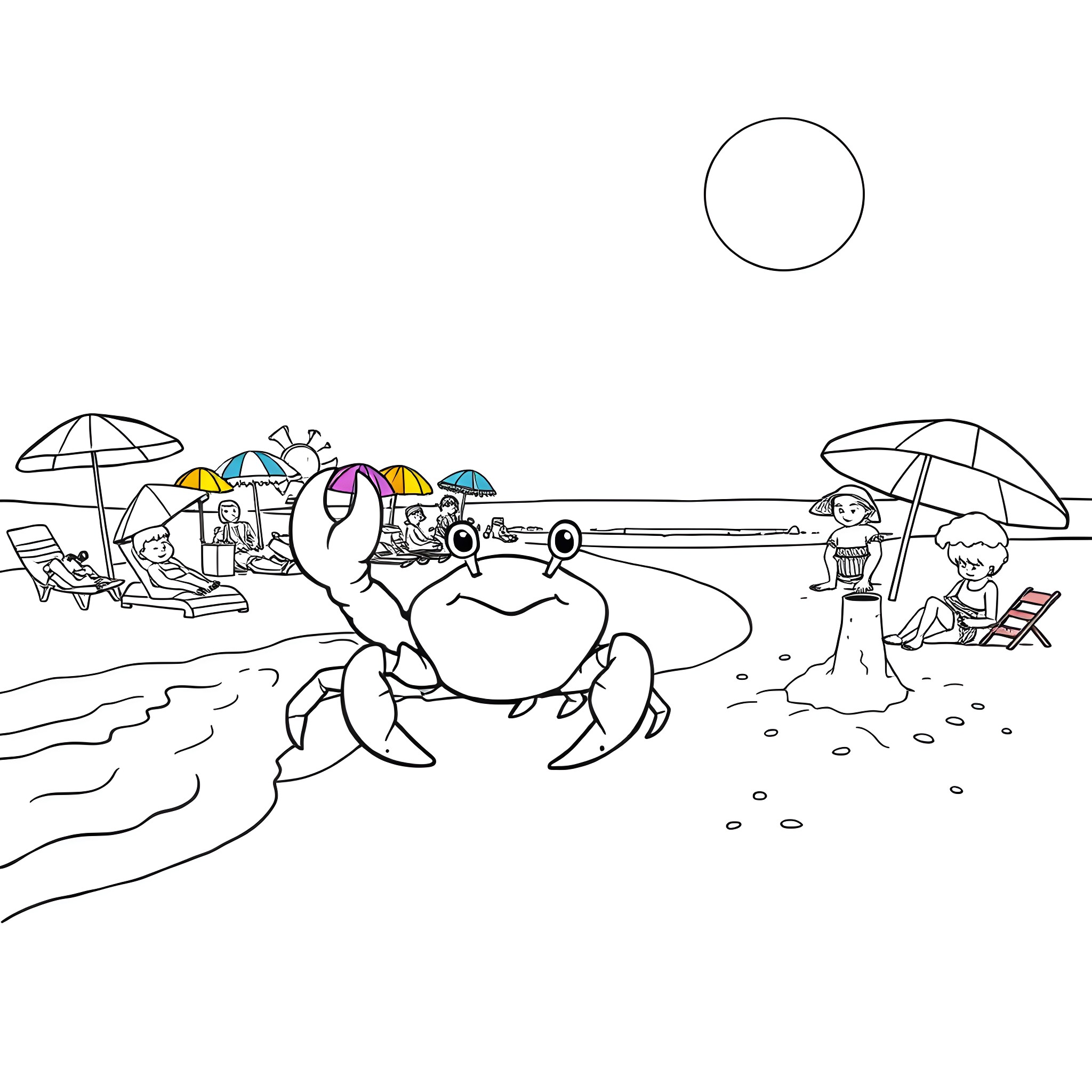 Crab enjoying a sunny day at the beach Coloring Page (free black-and-white line drawing printable PDF for all, from beginners to advanced learners, including children, teens, adults, and seniors)