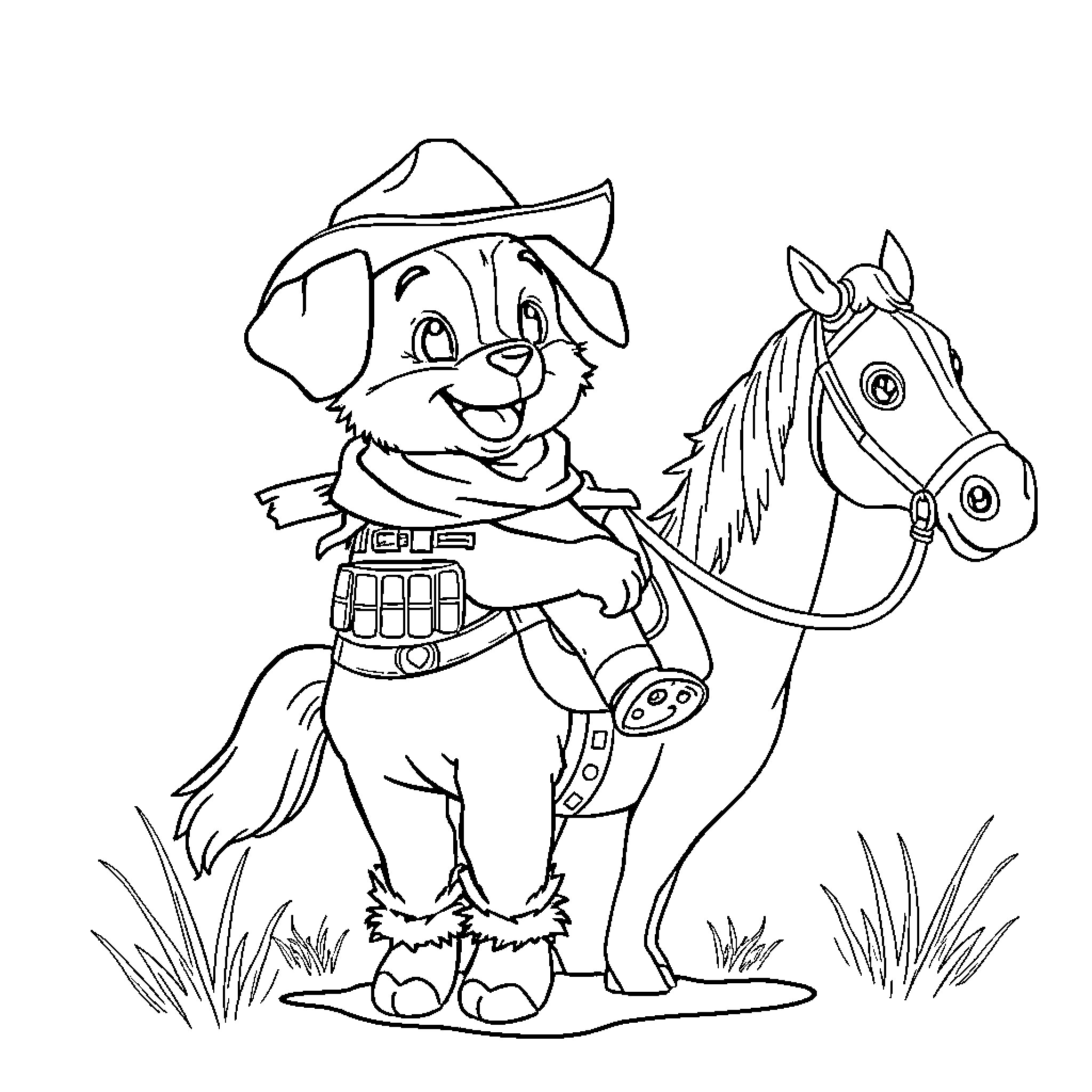 Puppy Cowboy Riding Horse on the Ranch Coloring Page (free black-and-white line drawing printable PDF for all, from beginners to advanced learners, including children, teens, adults, and seniors)
