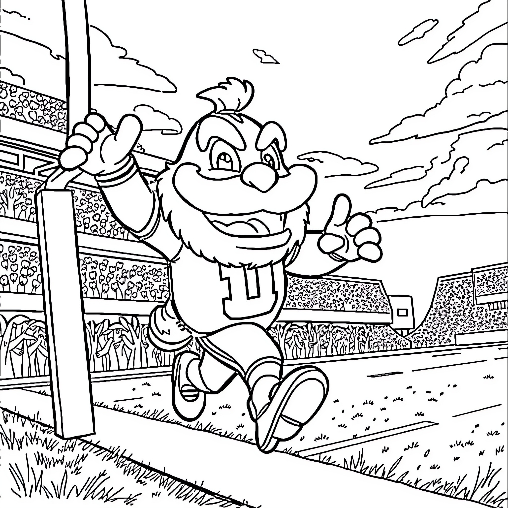 Brutus the Mascot Celebrates Victory on the Field Coloring Page (free black-and-white line drawing printable PDF for all, from beginners to advanced learners, including children, teens, adults, and seniors)