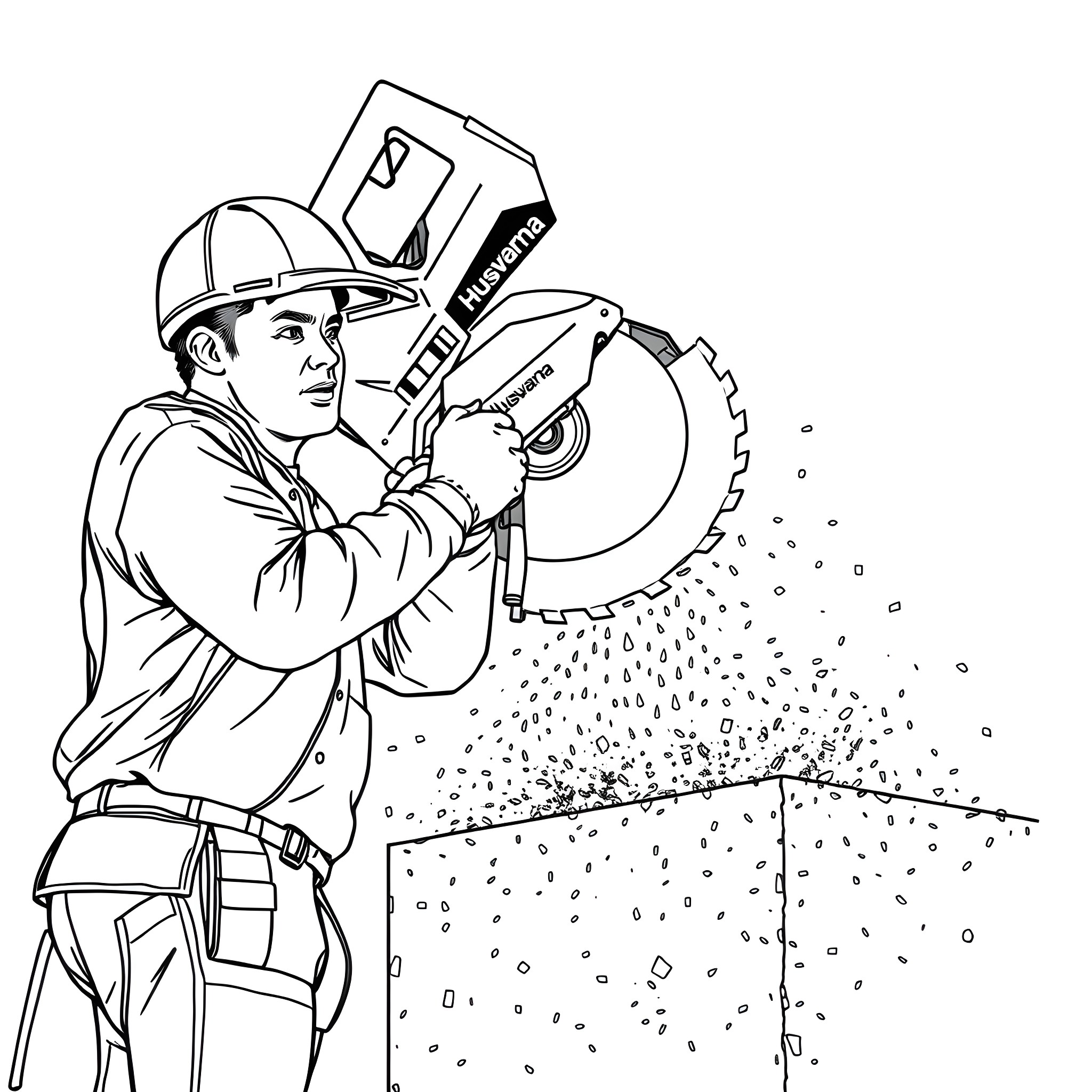 Husqvarna Worker Cutting Through with Power Tool Coloring Page (free black-and-white line drawing printable PDF for all, from beginners to advanced learners, including children, teens, adults, and seniors)