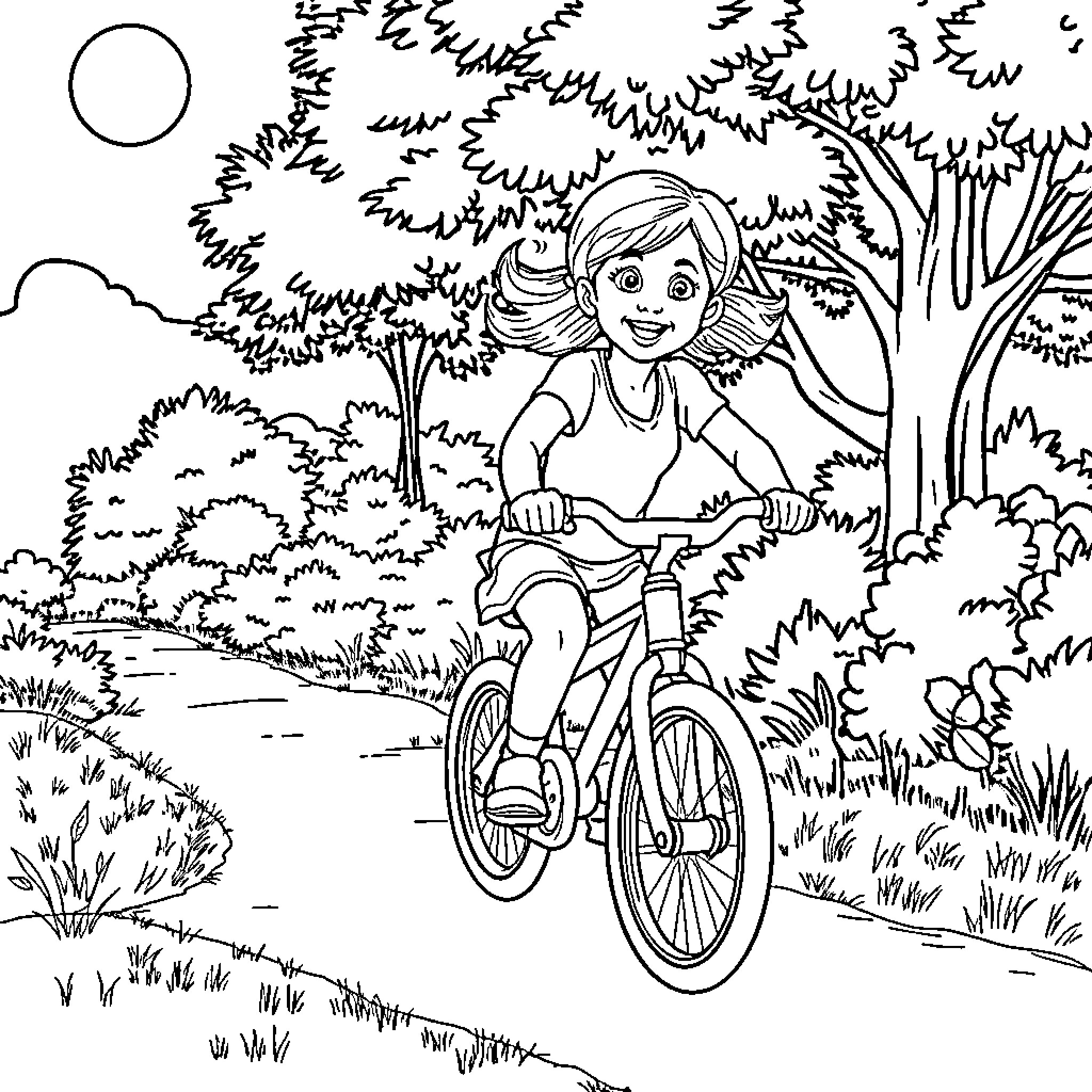 Girl riding bicycle in the forest Coloring Page (free black-and-white line drawing printable PDF for all, from beginners to advanced learners, including children, teens, adults, and seniors)