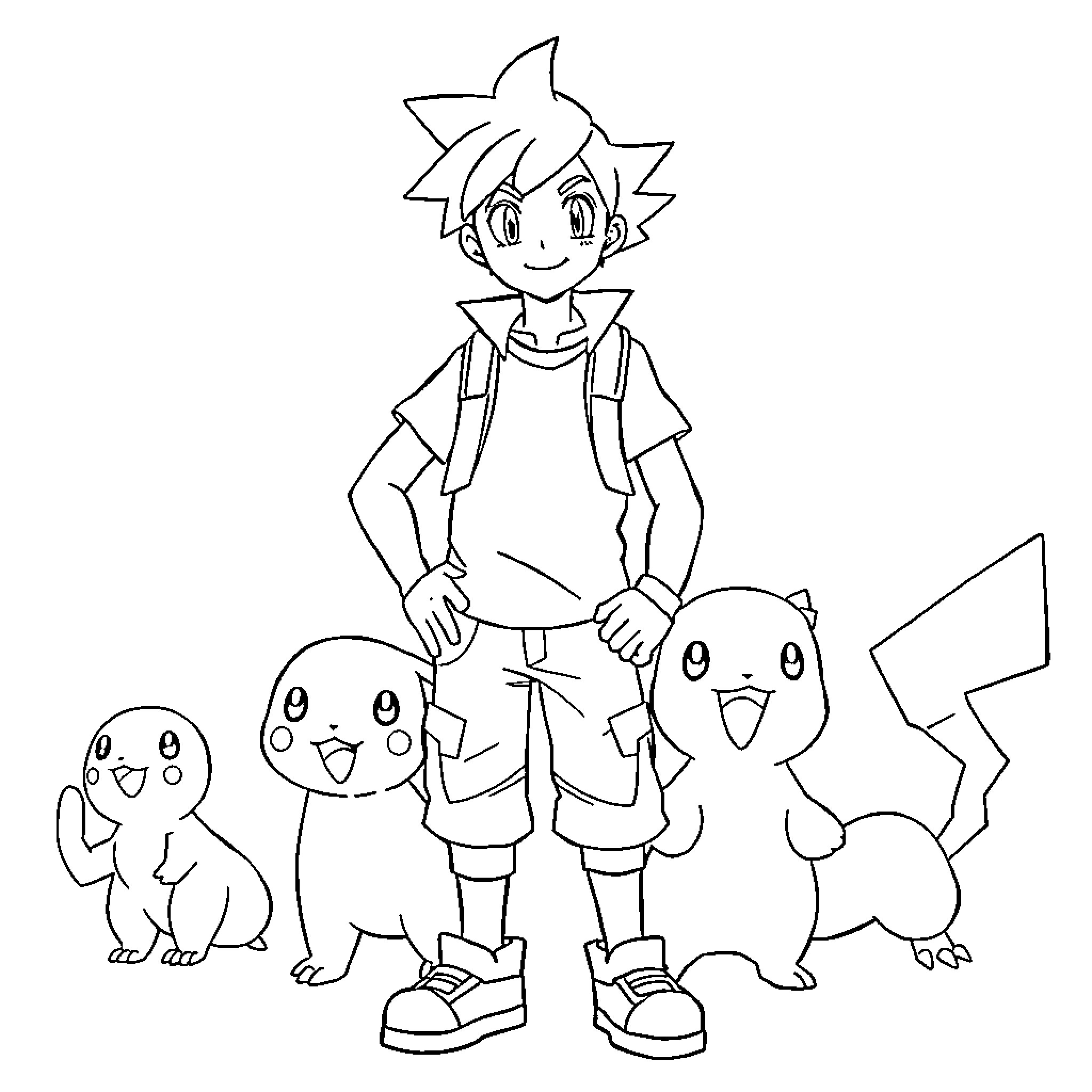 Ash's Adventure with Cute Creatures Coloring Page (free black-and-white line drawing printable PDF for all, from beginners to advanced learners, including children, teens, adults, and seniors)