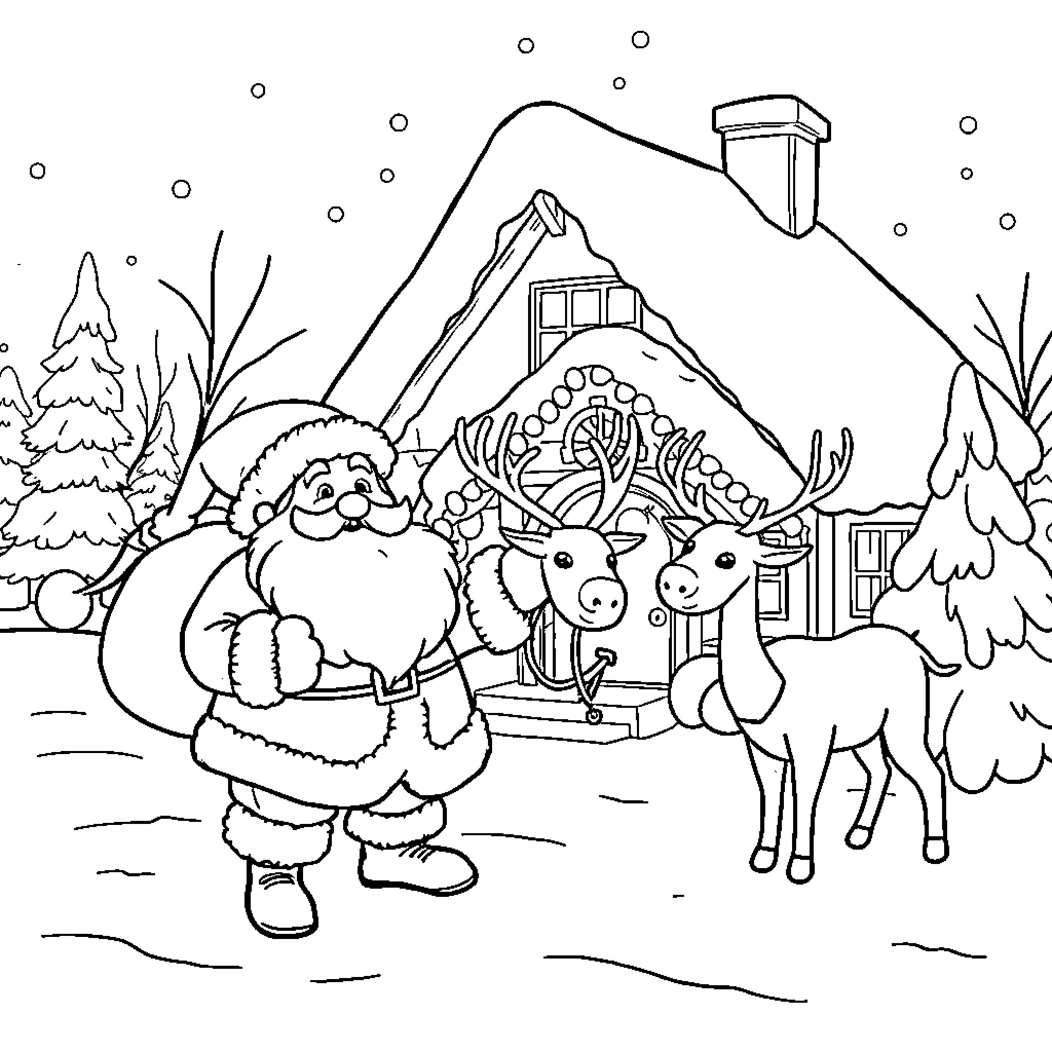 Santa greeting winter animals in snowy landscape Coloring Page (free black-and-white line drawing printable PDF for all, from beginners to advanced learners, including children, teens, adults, and seniors)
