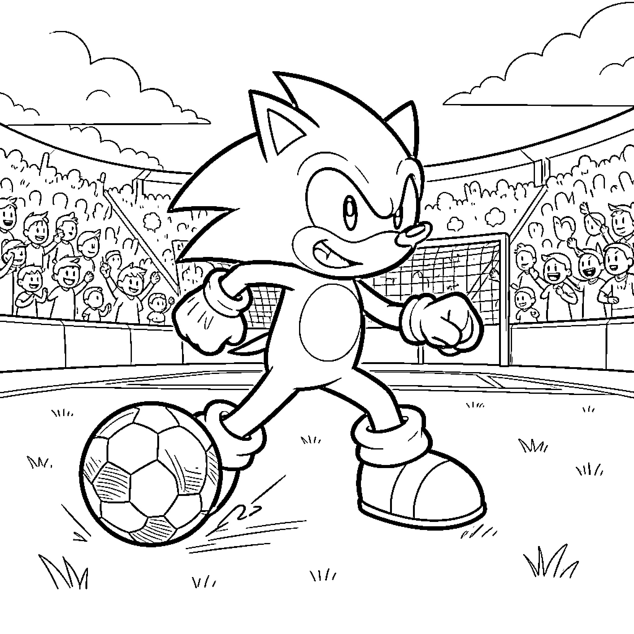 Sonic playing soccer in a crowded stadium Coloring Page (free black-and-white line drawing printable PDF for all, from beginners to advanced learners, including children, teens, adults, and seniors)
