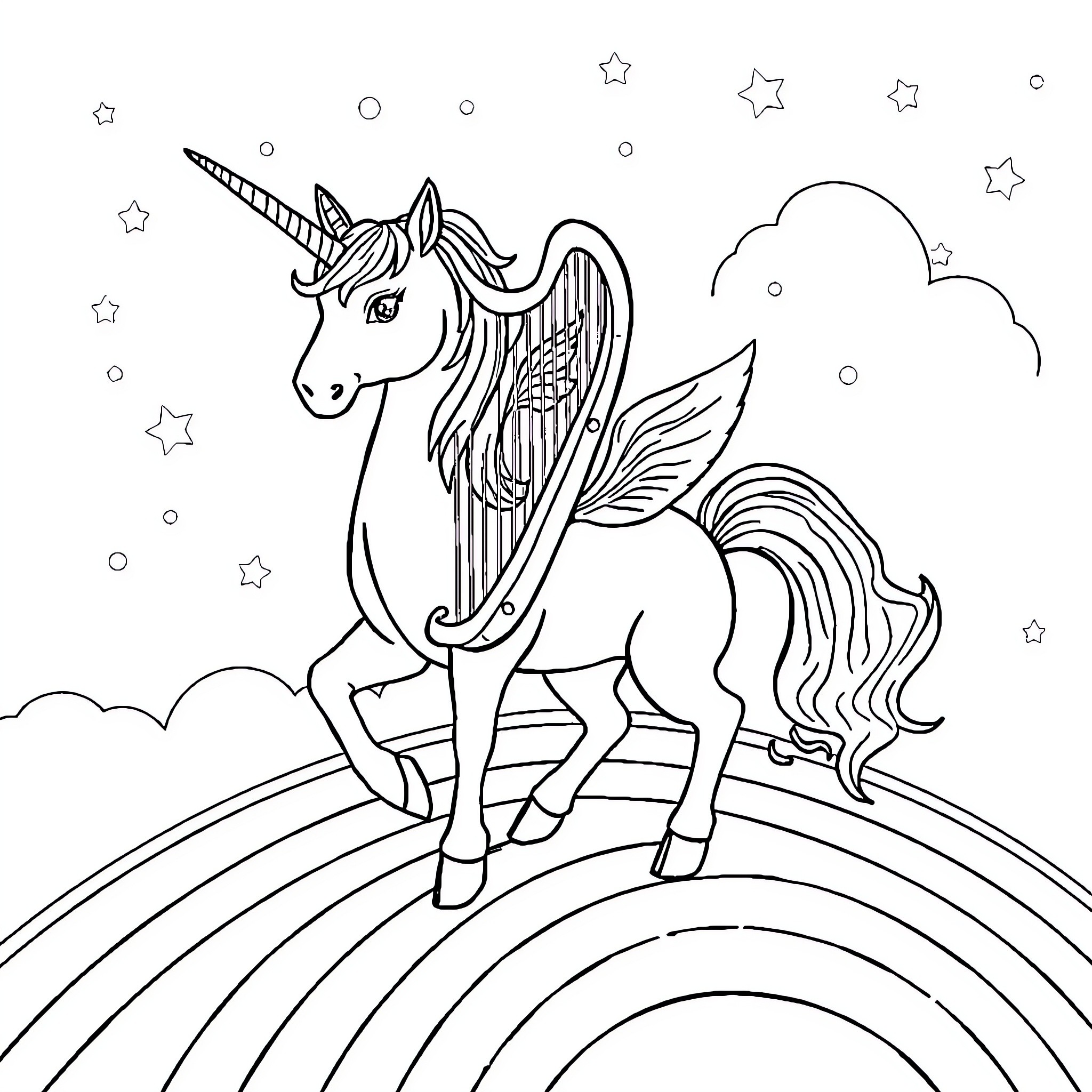 Unicorn standing majestically on a rainbow Coloring Page (free black-and-white line drawing printable PDF for all, from beginners to advanced learners, including children, teens, adults, and seniors)