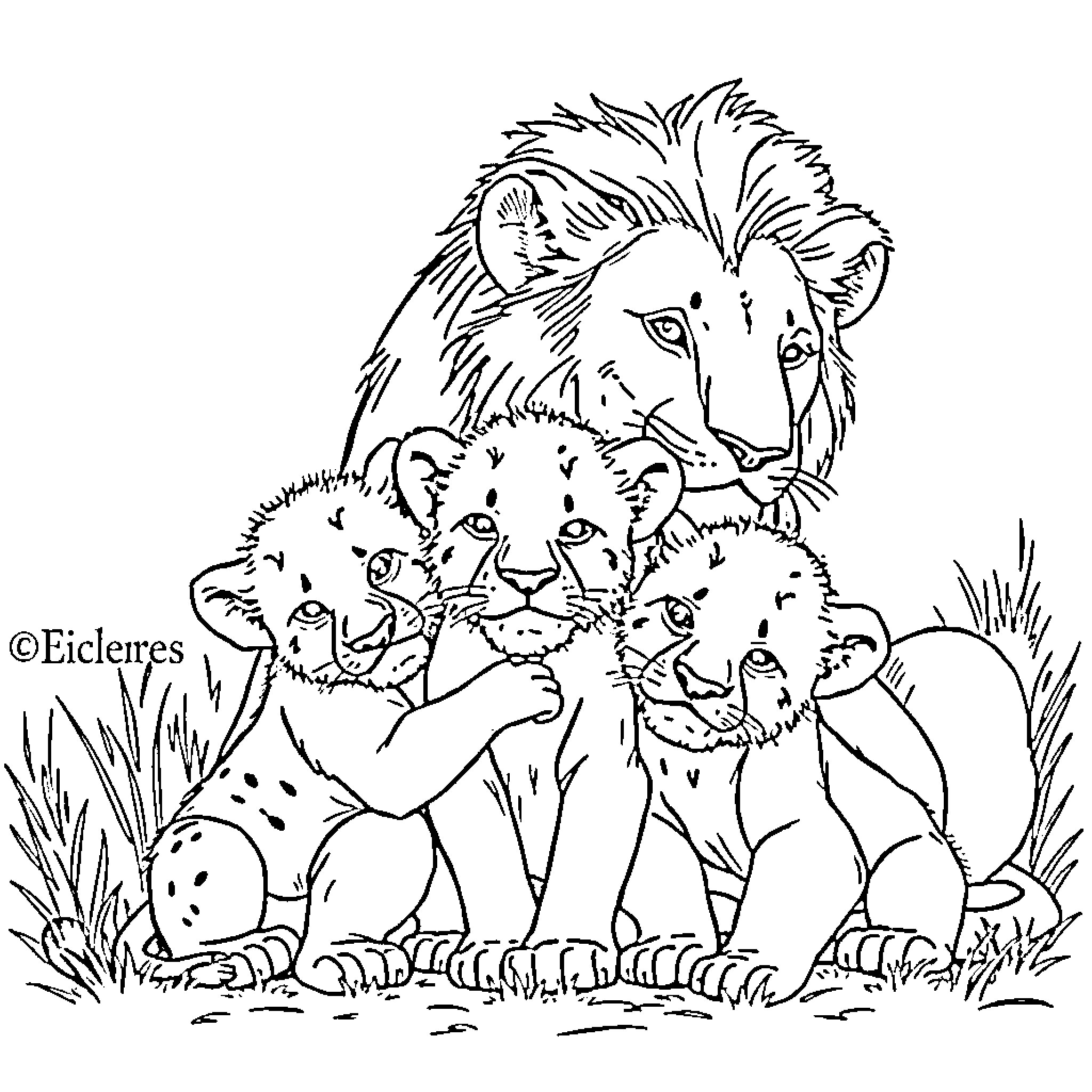 Lion family affectionately bonding in natural surroundings Coloring Page (free black-and-white line drawing printable PDF for all, from beginners to advanced learners, including children, teens, adults, and seniors)