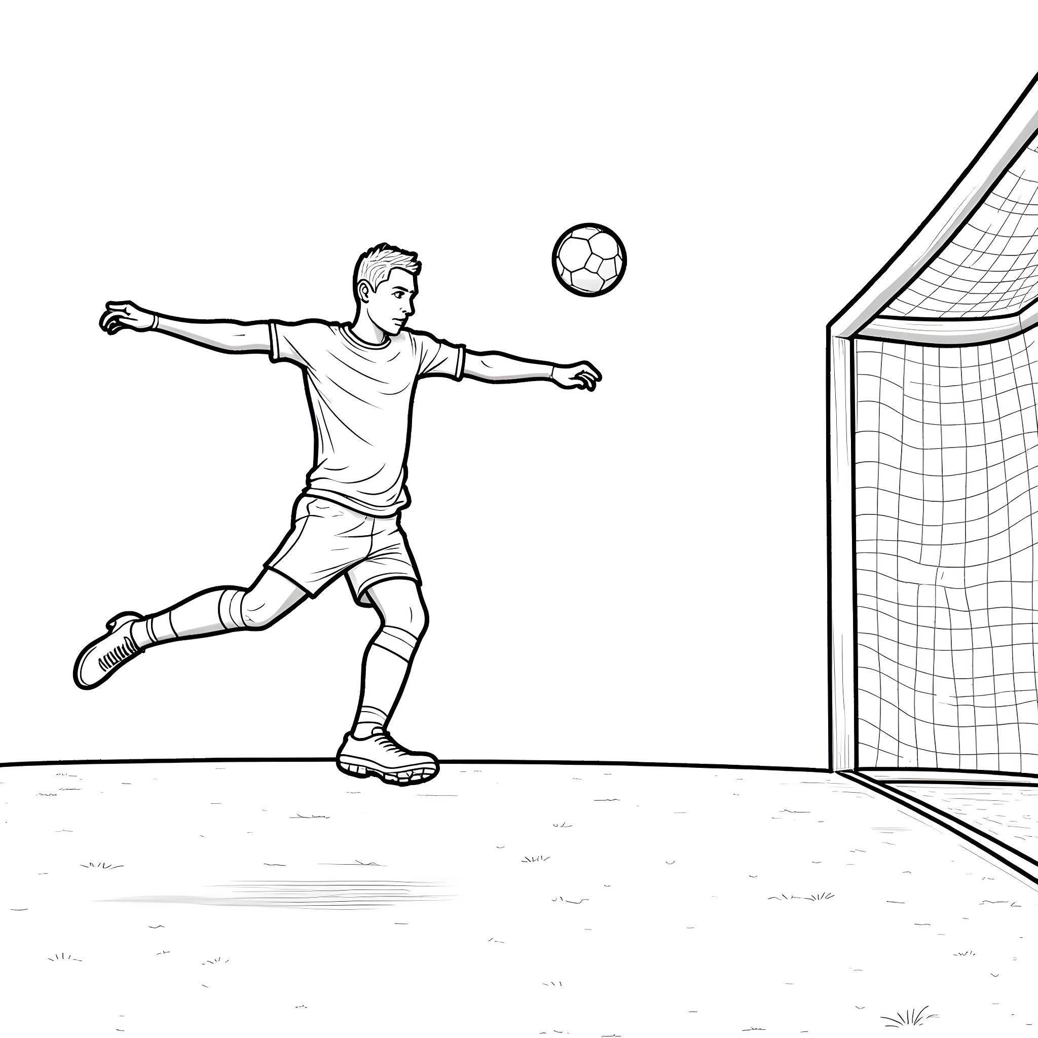 Soccer Player Scoring Goal in Match Coloring Page (free black-and-white line drawing printable PDF for all, from beginners to advanced learners, including children, teens, adults, and seniors)