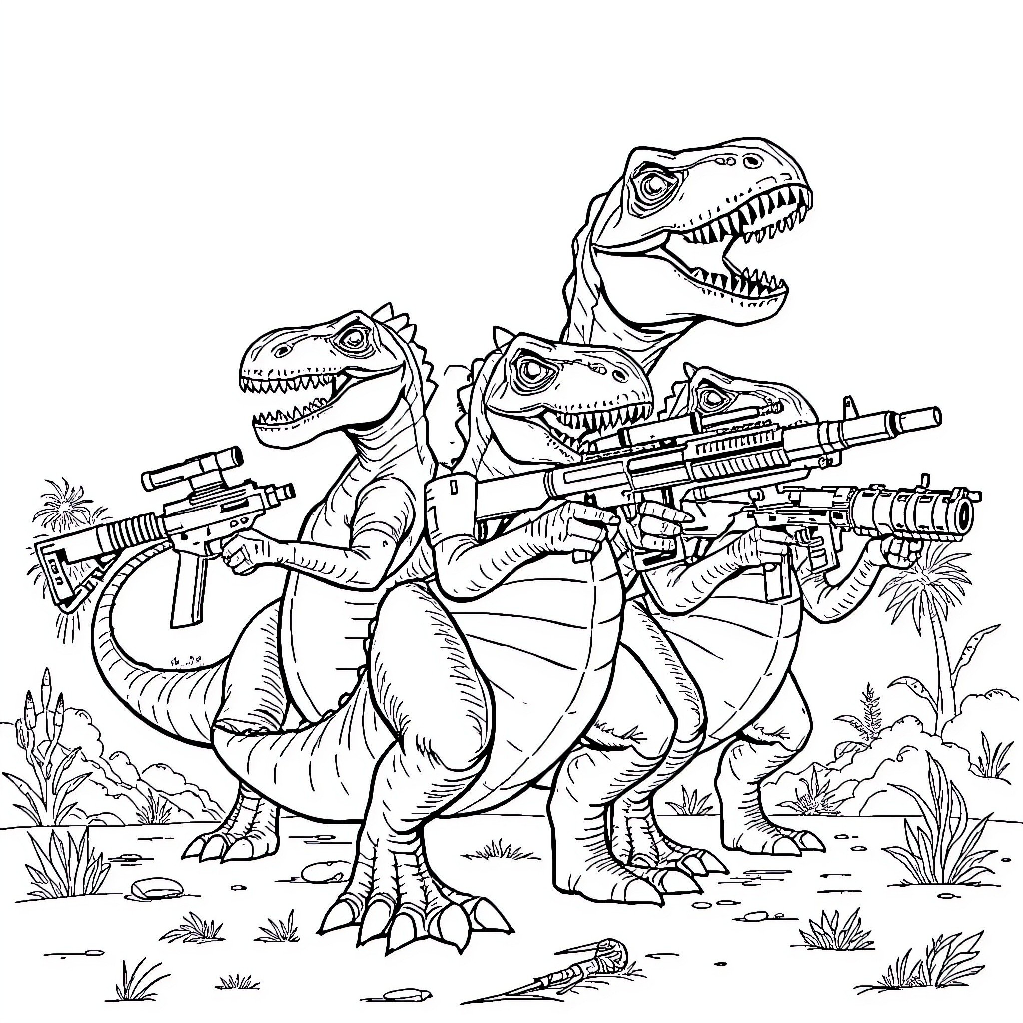Dinosaur soldiers armed with futuristic weapons Coloring Page (free black-and-white line drawing printable PDF for all, from beginners to advanced learners, including children, teens, adults, and seniors)