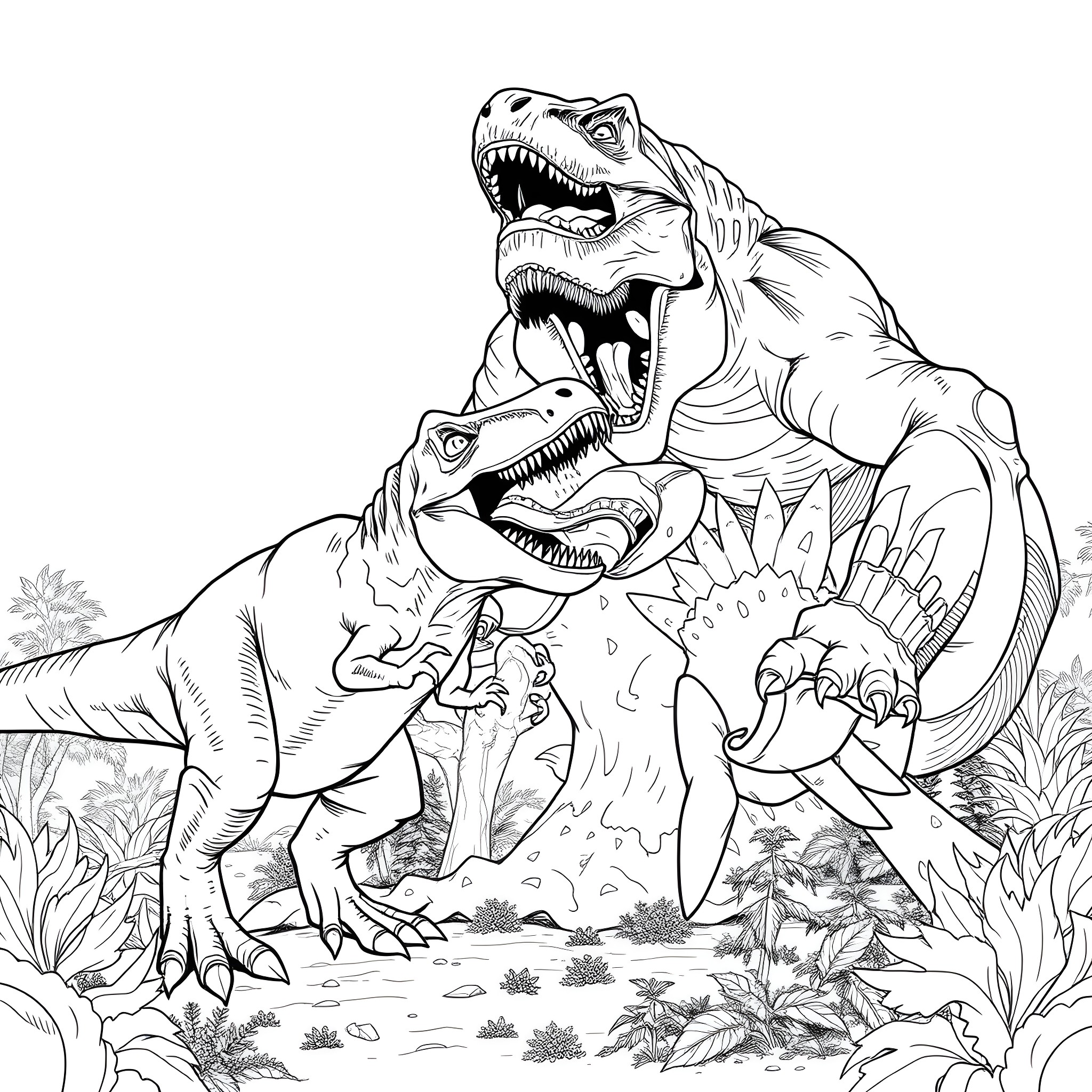 Dinosaurs engaged in fierce battle in natural habitat Coloring Page (free black-and-white line drawing printable PDF for all, from beginners to advanced learners, including children, teens, adults, and seniors)