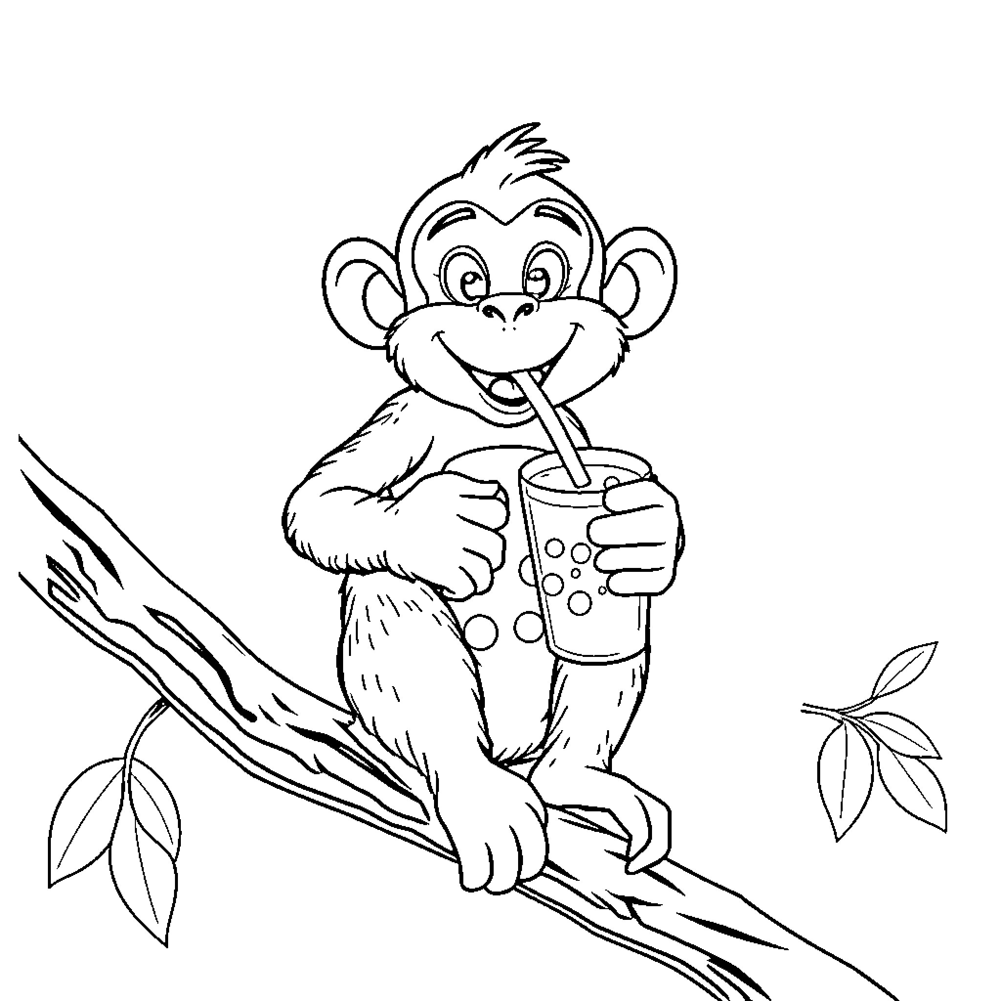 Monkey enjoying a refreshing drink in the jungle Coloring Page (free black-and-white line drawing printable PDF for all, from beginners to advanced learners, including children, teens, adults, and seniors)