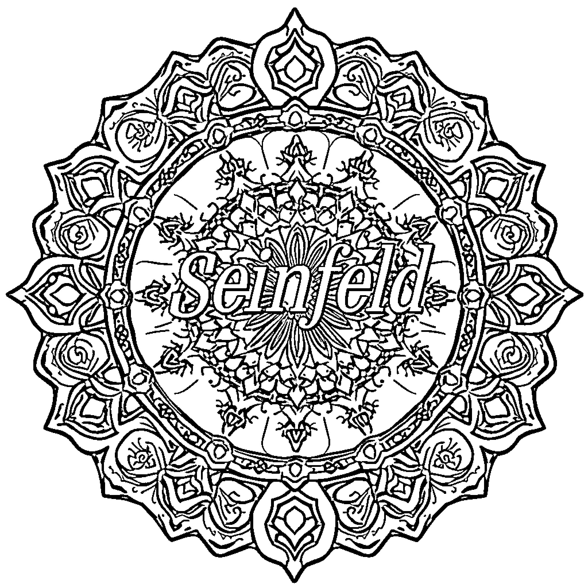 Seinfeld Characters in Ornate Mandala Design Coloring Page (free black-and-white line drawing printable PDF for all, from beginners to advanced learners, including children, teens, adults, and seniors)