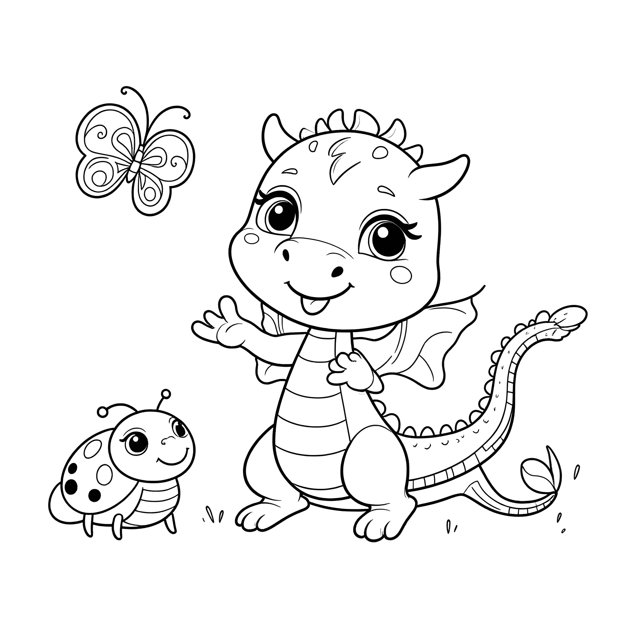 Dragon playing with butterfly and ladybug Coloring Page (free black-and-white line drawing printable PDF for all, from beginners to advanced learners, including children, teens, adults, and seniors)