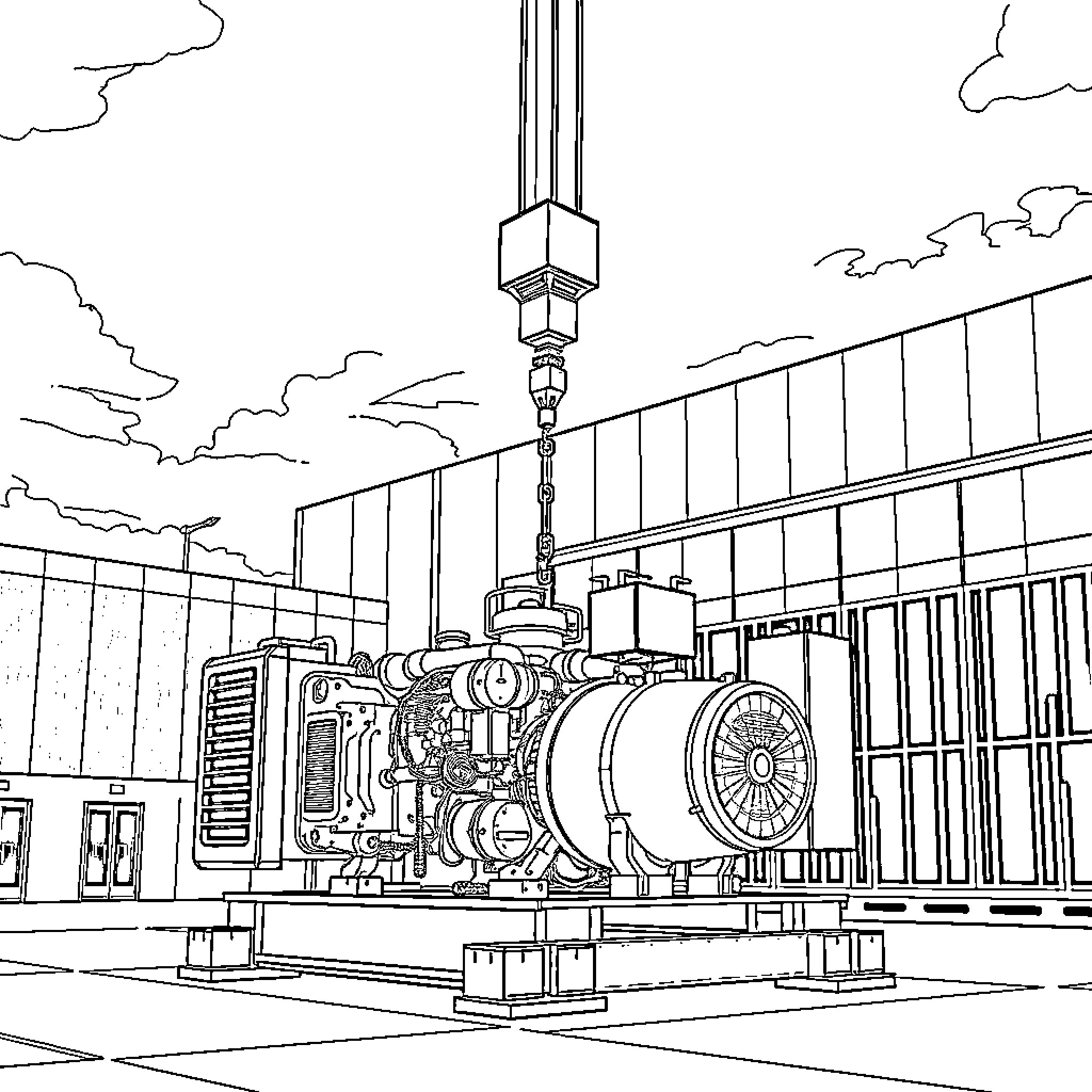 Crane lifting heavy industrial equipment in factory Coloring Page (free black-and-white line drawing printable PDF for all, from beginners to advanced learners, including children, teens, adults, and seniors)