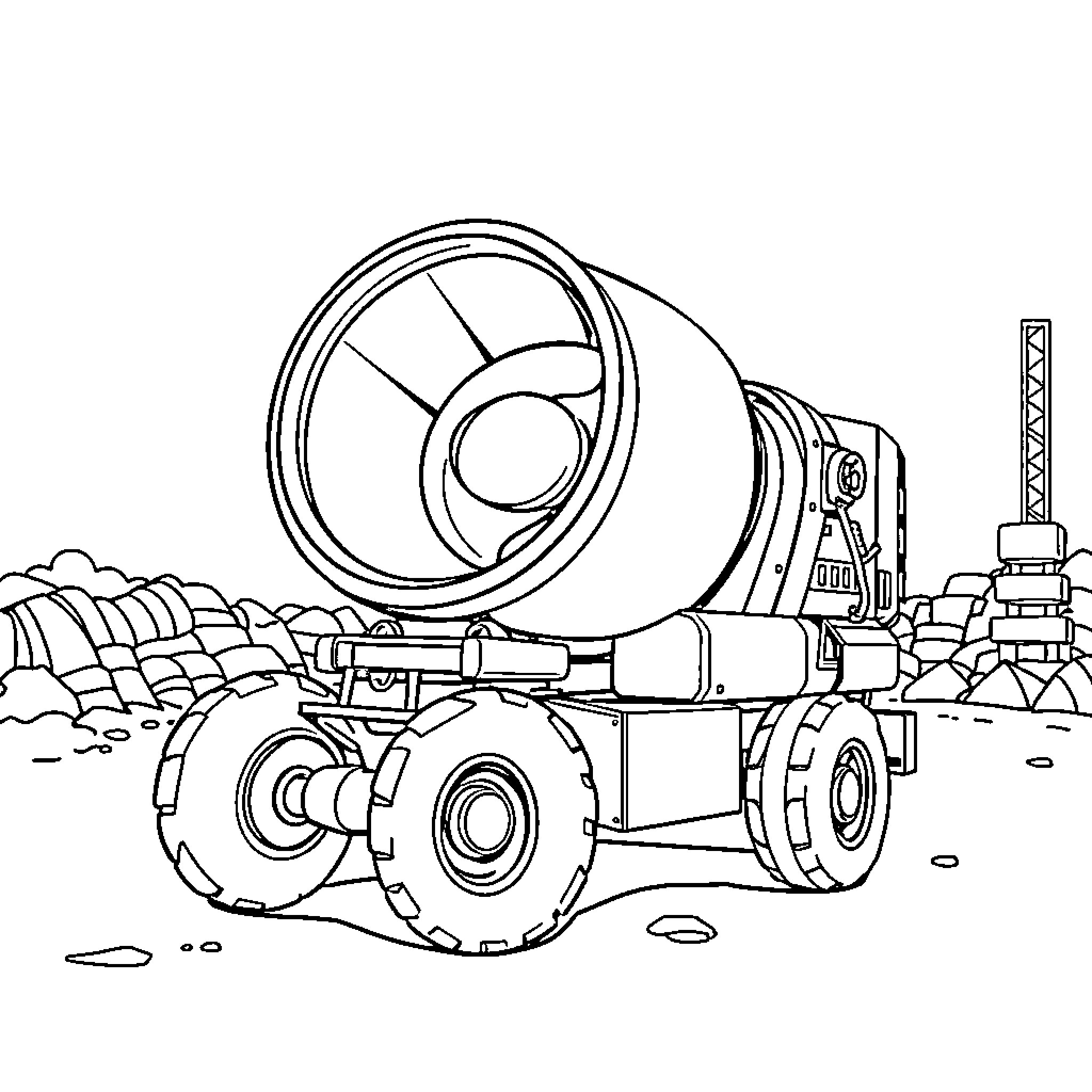 Concrete Mixer in Construction Site Coloring Page (free black-and-white line drawing printable PDF for all, from beginners to advanced learners, including children, teens, adults, and seniors)