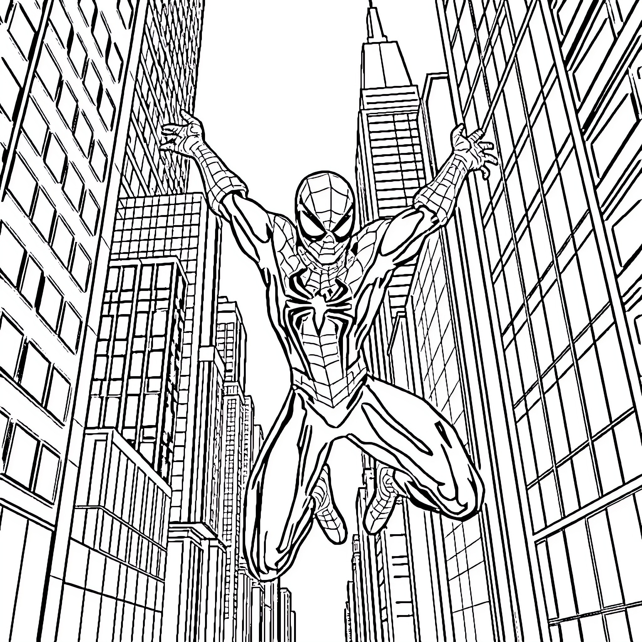 Spiderman swinging through the city skyline Coloring Page (free black-and-white line drawing printable PDF for all, from beginners to advanced learners, including children, teens, adults, and seniors)