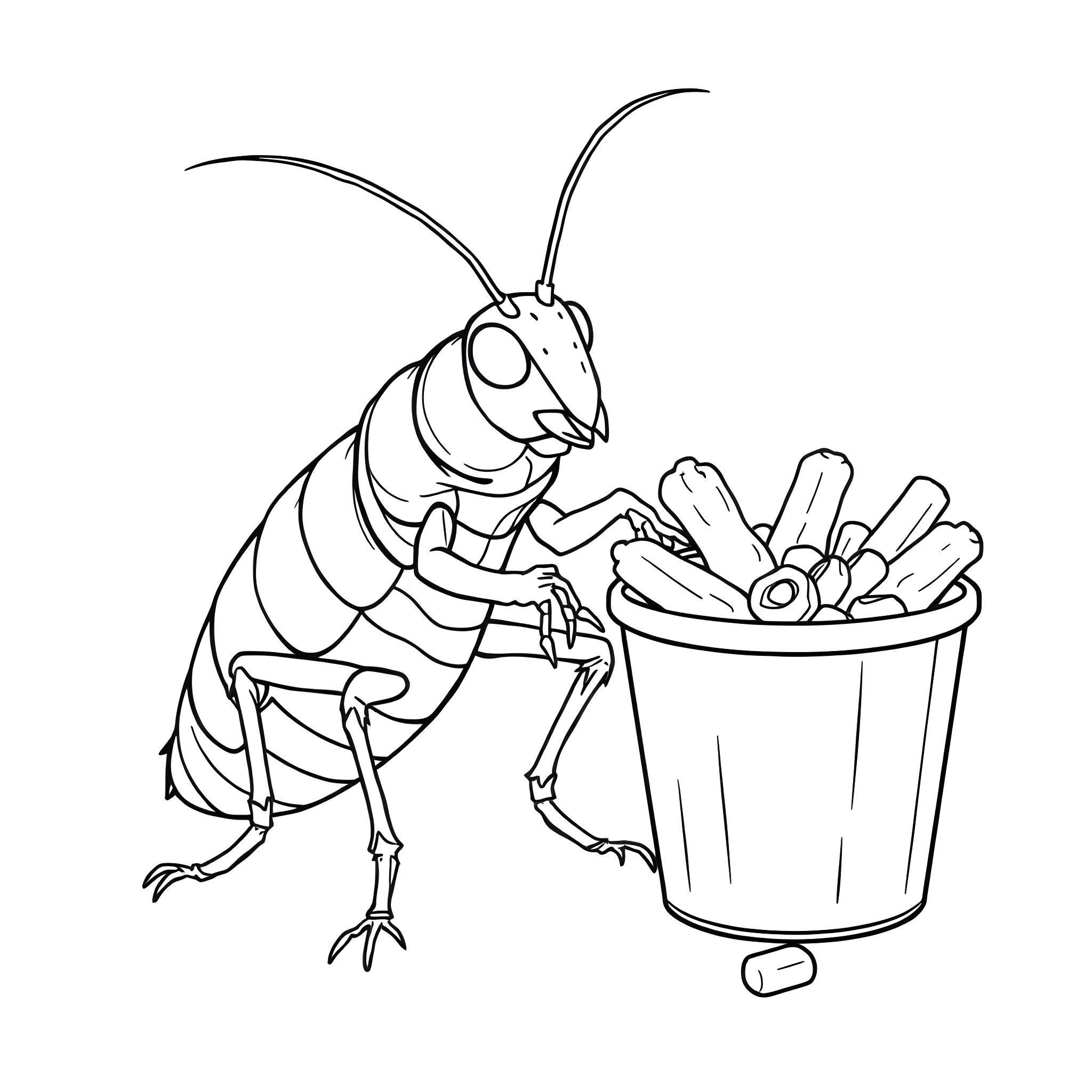 Cockroach carrying a bucket of garbage Coloring Page (free black-and-white line drawing printable PDF for all, from beginners to advanced learners, including children, teens, adults, and seniors)