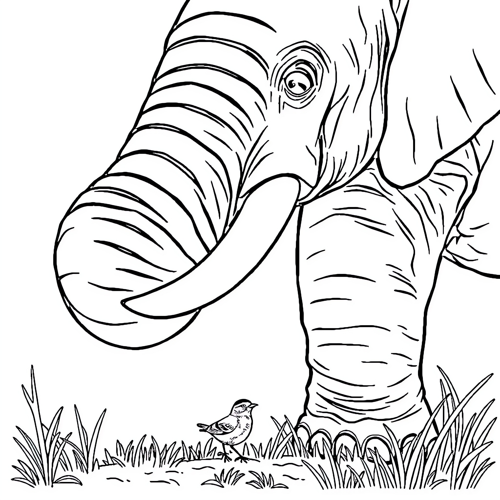 Quail observing an elephant in the wild Coloring Page (free black-and-white line drawing printable PDF for all, from beginners to advanced learners, including children, teens, adults, and seniors)