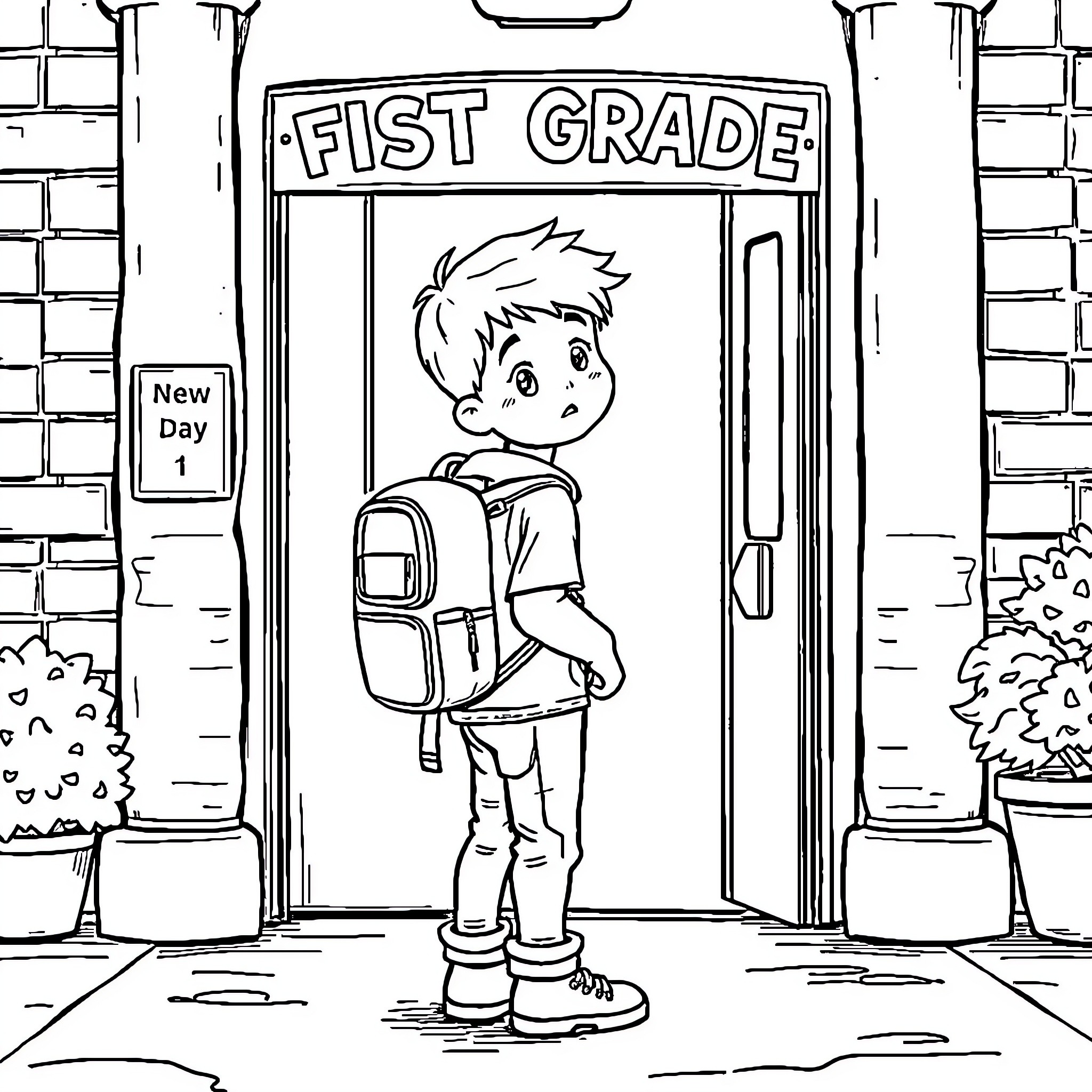 Student starting first grade at school Coloring Page (free black-and-white line drawing printable PDF for all, from beginners to advanced learners, including children, teens, adults, and seniors)