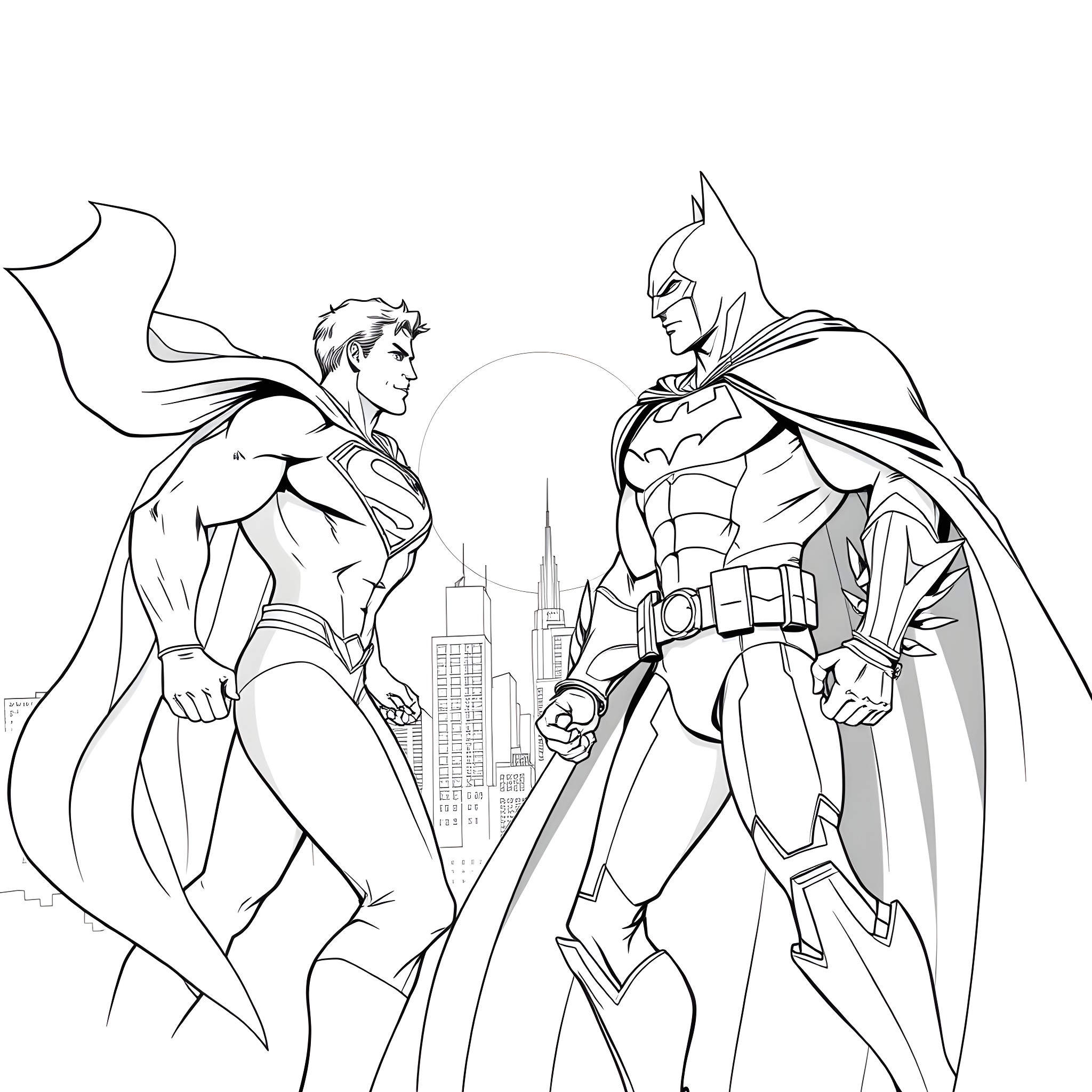 Superman and Batman in heroic poses against city skyline Coloring Page (free black-and-white line drawing printable PDF for all, from beginners to advanced learners, including children, teens, adults, and seniors)