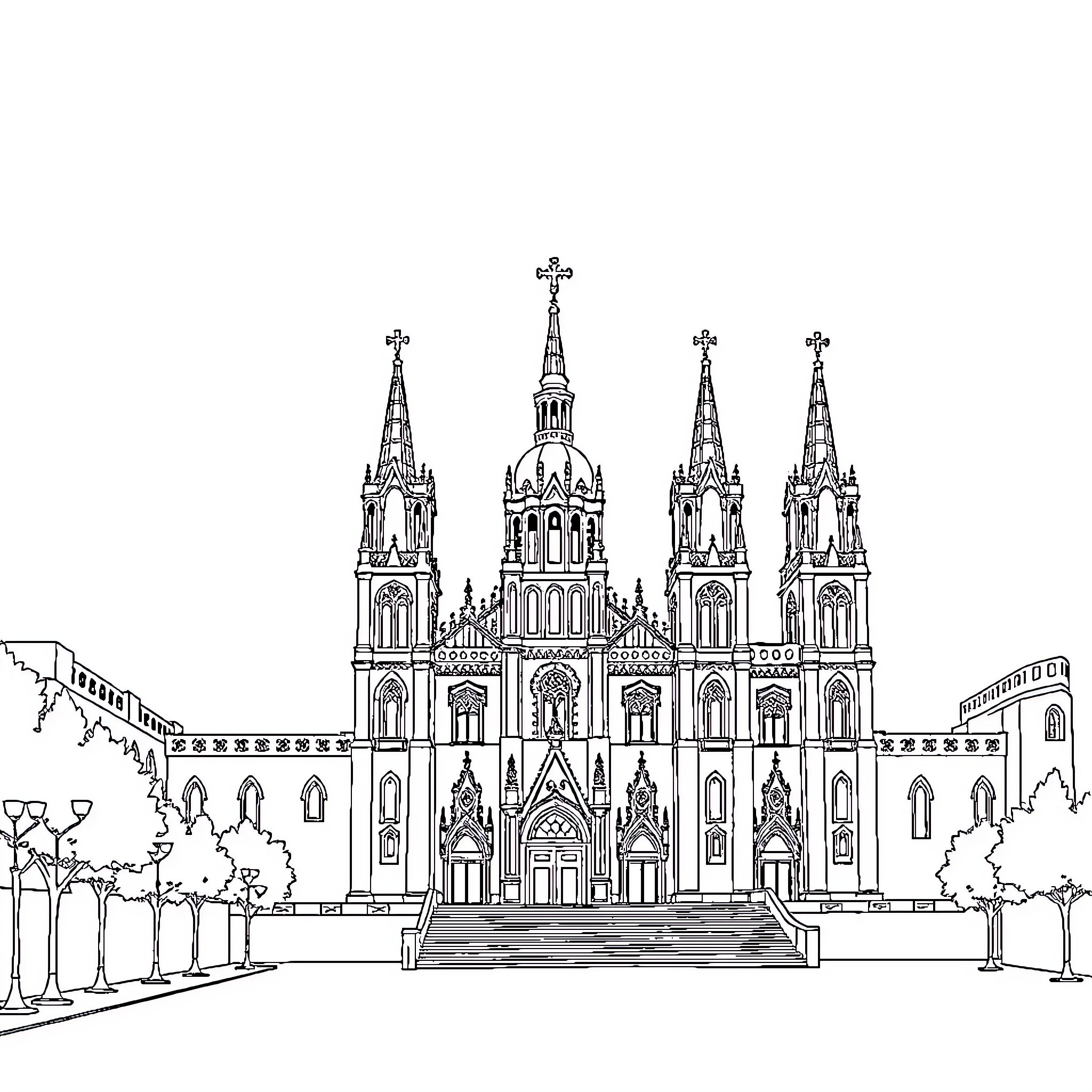 Catedral with Ornate Architecture and Spires Coloring Page (free black-and-white line drawing printable PDF for all, from beginners to advanced learners, including children, teens, adults, and seniors)