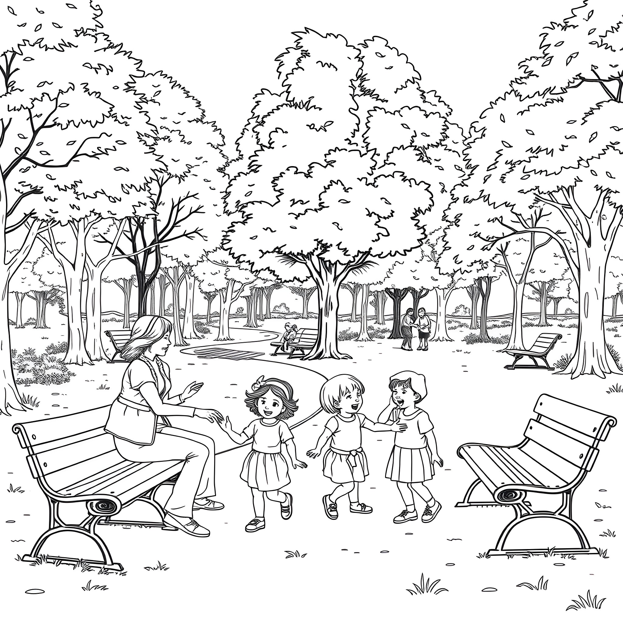 Dog family playing in the park Coloring Page (free black-and-white line drawing printable PDF for all, from beginners to advanced learners, including children, teens, adults, and seniors)