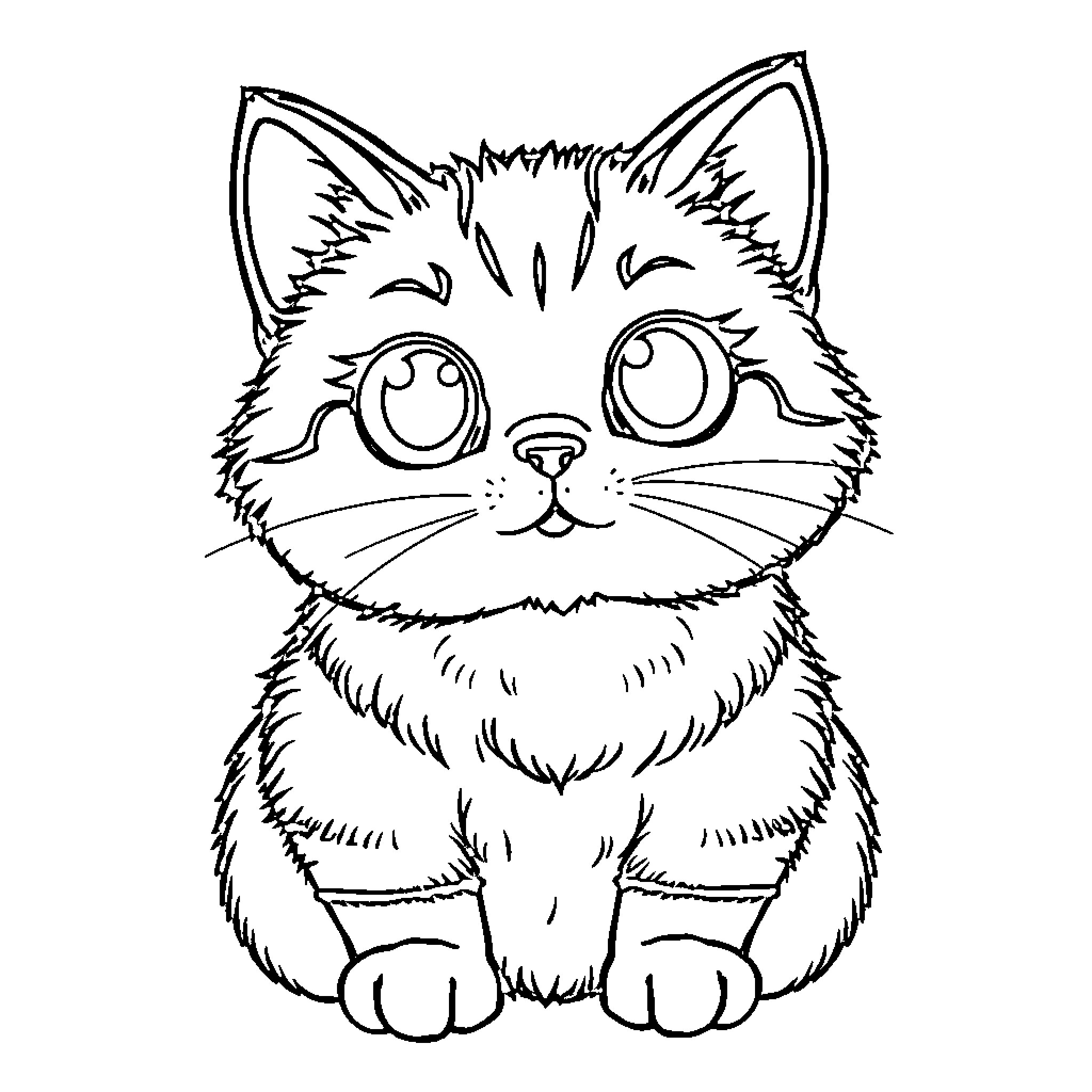Cat with big eyes and adorable expression Coloring Page (free black-and-white line drawing printable PDF for all, from beginners to advanced learners, including children, teens, adults, and seniors)