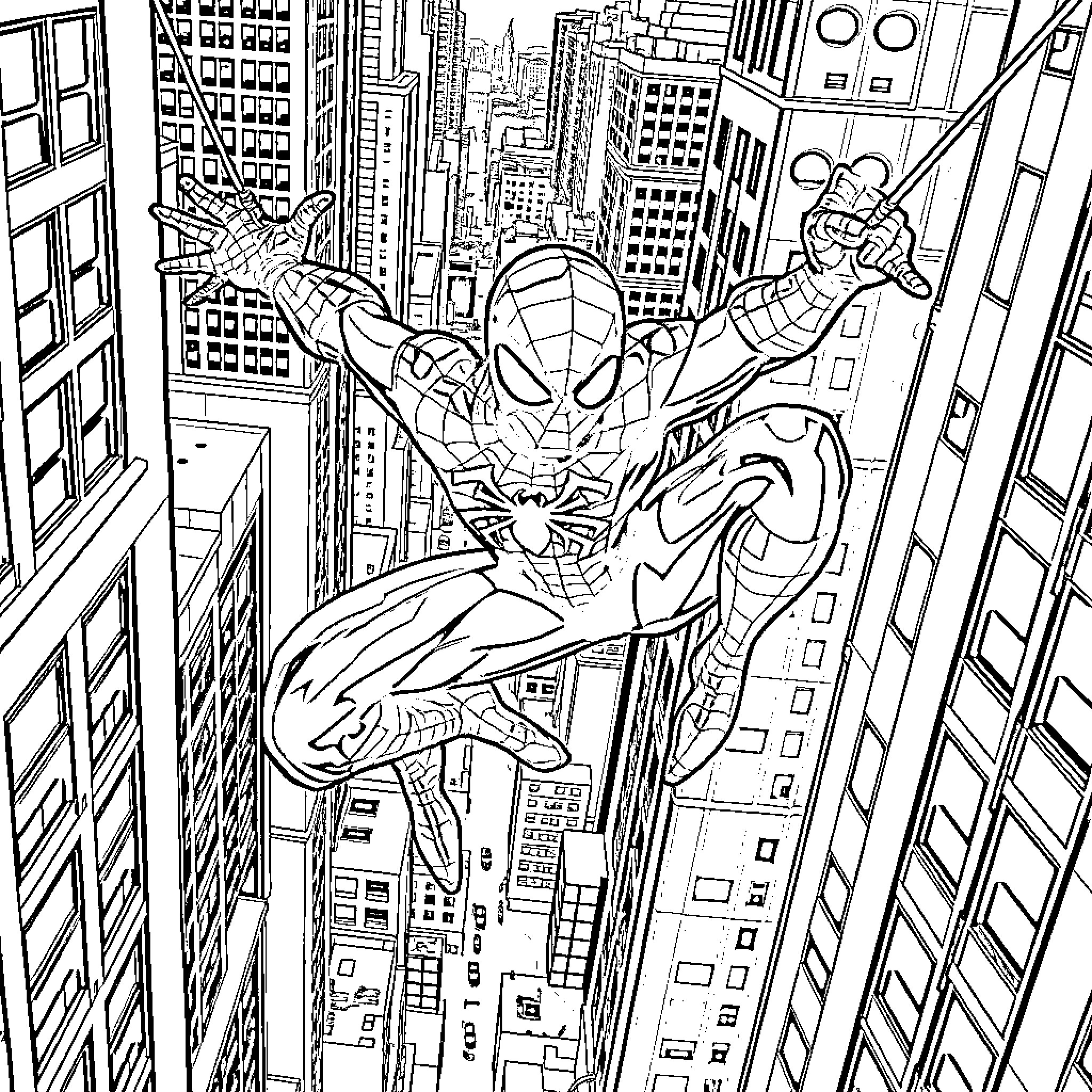 Spiderman swinging through the city skyline Coloring Page (free black-and-white line drawing printable PDF for all, from beginners to advanced learners, including children, teens, adults, and seniors)