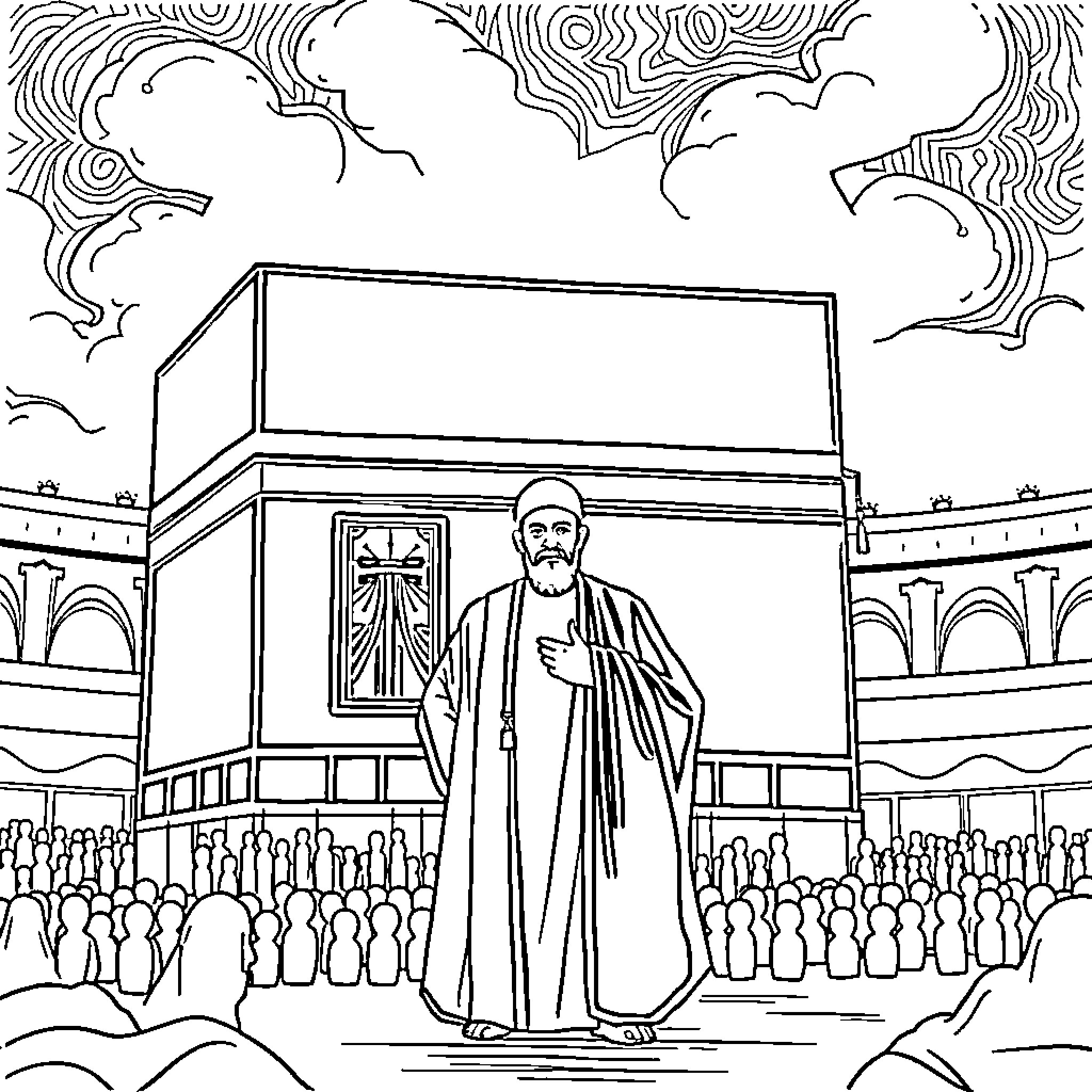 Imam Mahdi preaching to a large crowd in a religious setting Coloring Page (free black-and-white line drawing printable PDF for all, from beginners to advanced learners, including children, teens, adults, and seniors)